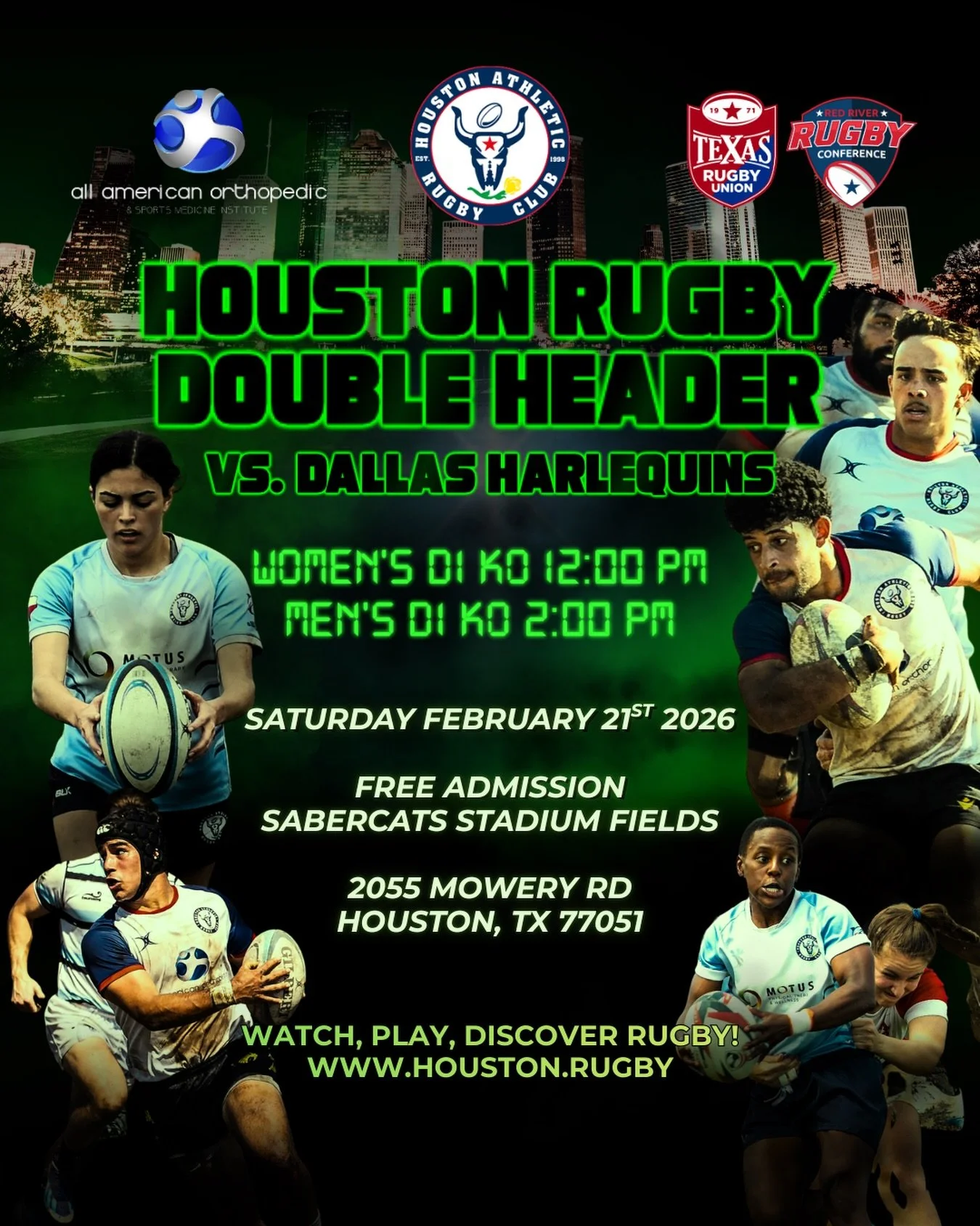 The rugby season continues with two epic FREE double header home matches against the Dallas Harlequins @dallasharlequinswomen @thedallasharlequins THIS SATURDAY! 

Women&rsquo;s D1 at 12:00 PM
Men&rsquo;s D1 at 2:00 PM

These games are FREE to the pu