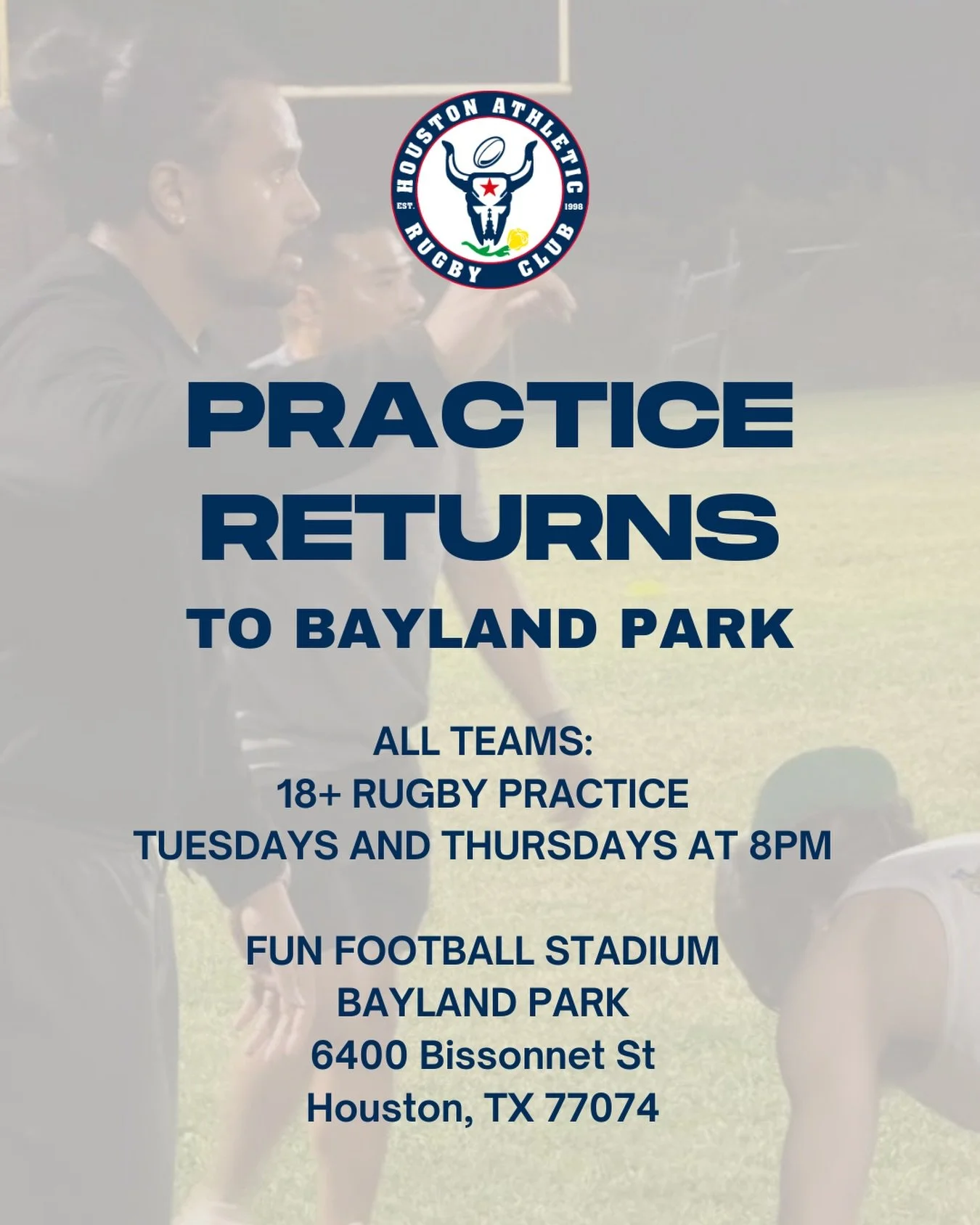 We are back at Bayland Park this Thursday. 

Watch, Play, Discover Rugby with HARC!

Interested in joining HARC? Visit www.houston.rugby or message us to learn more!

GO HARC!
#rugby #houston #sports
