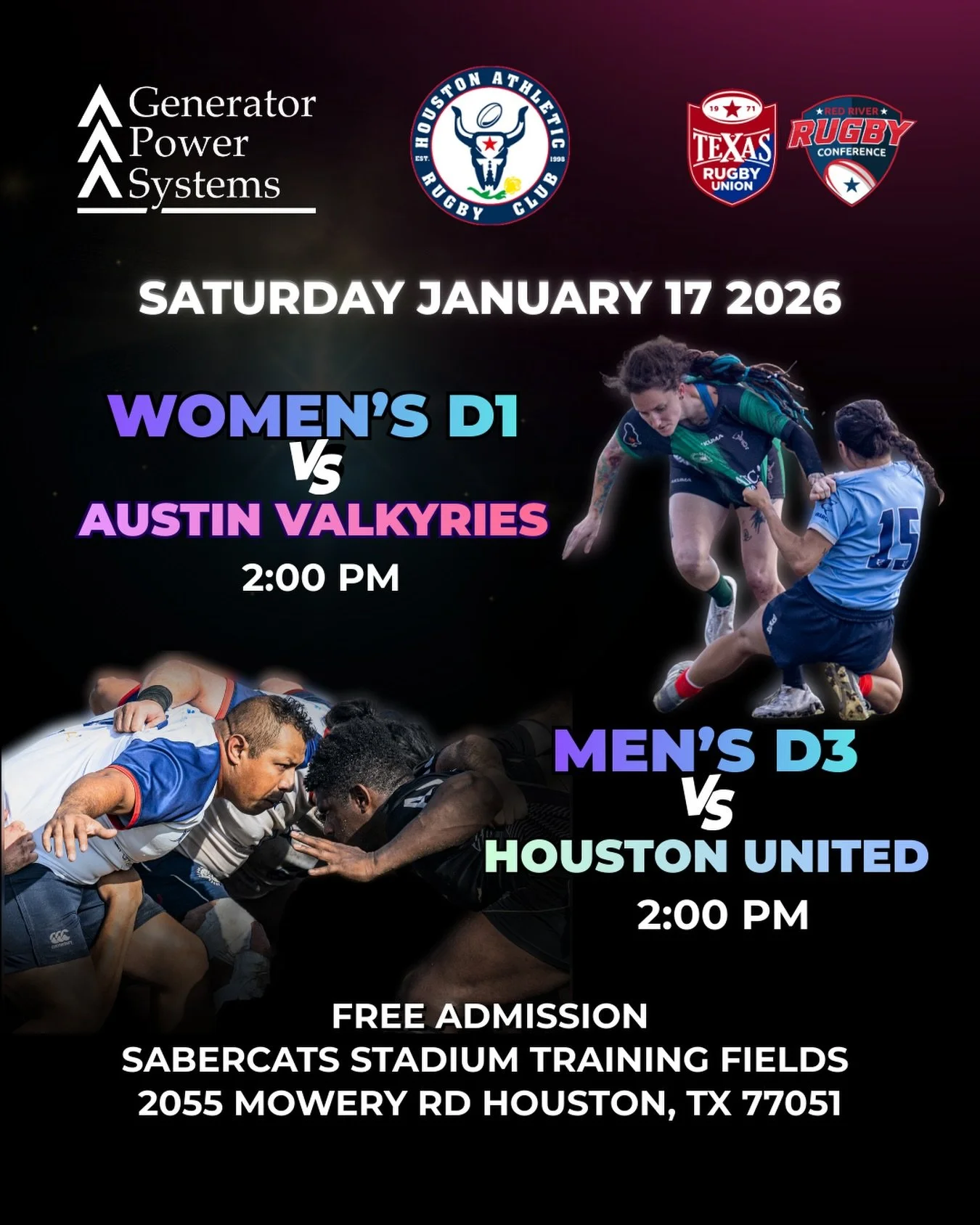 KO UPDATES: BOTH TEAMS WILL KICK OFF AT 2:00 PM AT SABERCATS TRAINING FIELDS 1 AND 2. 

Saturday Double Header Incoming! 🏉 💥 😱

Join us January 17 for a double home game at Sabercats Stadium in Houston, Texas 🔥 

🏉 Houston Women&rsquo;s D1 vs Au
