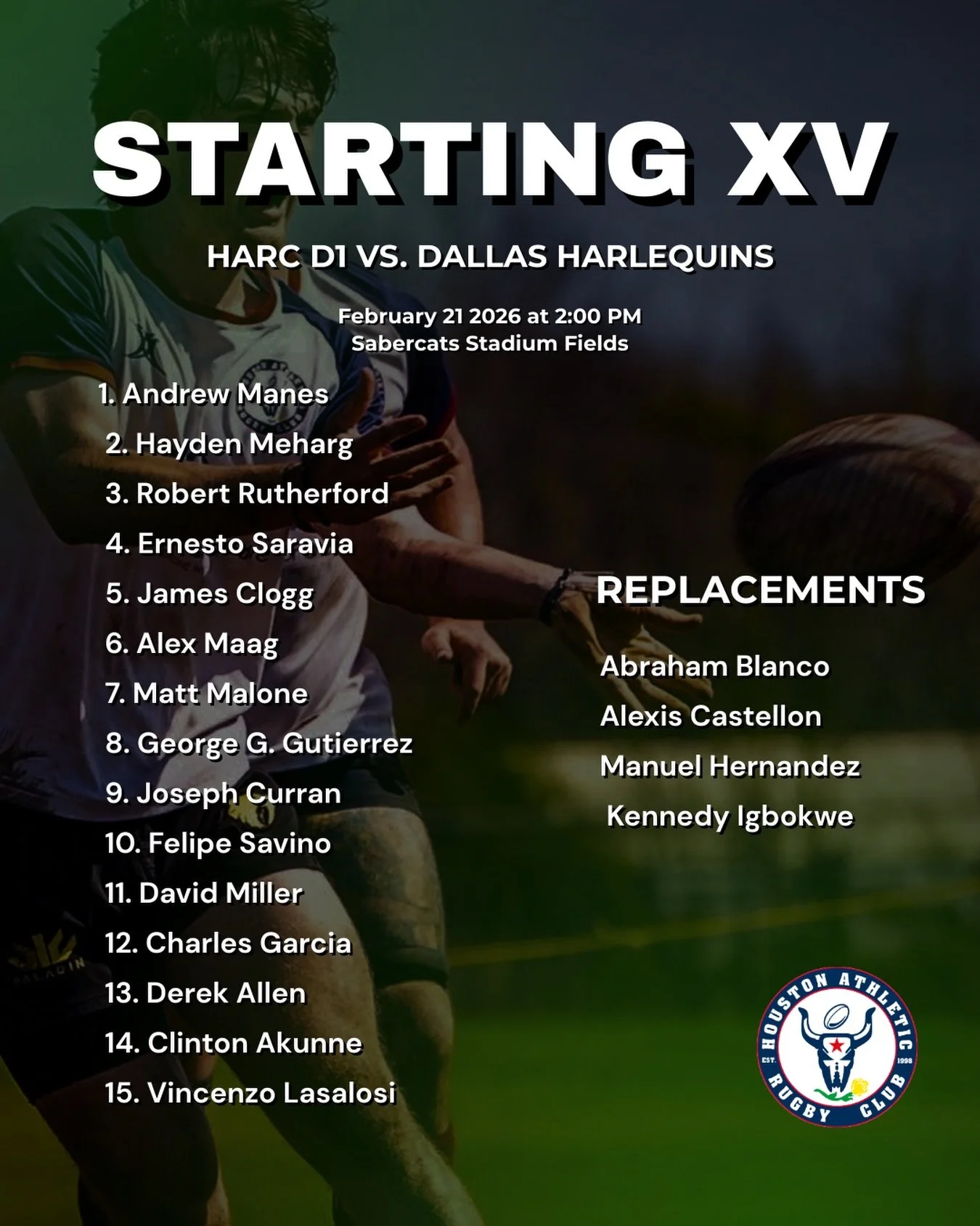 HARC D1 Kick off against Dallas Harlequins today at Sabercats Stadium!

GO HARC!
#rugbytexas #houstonrugby #