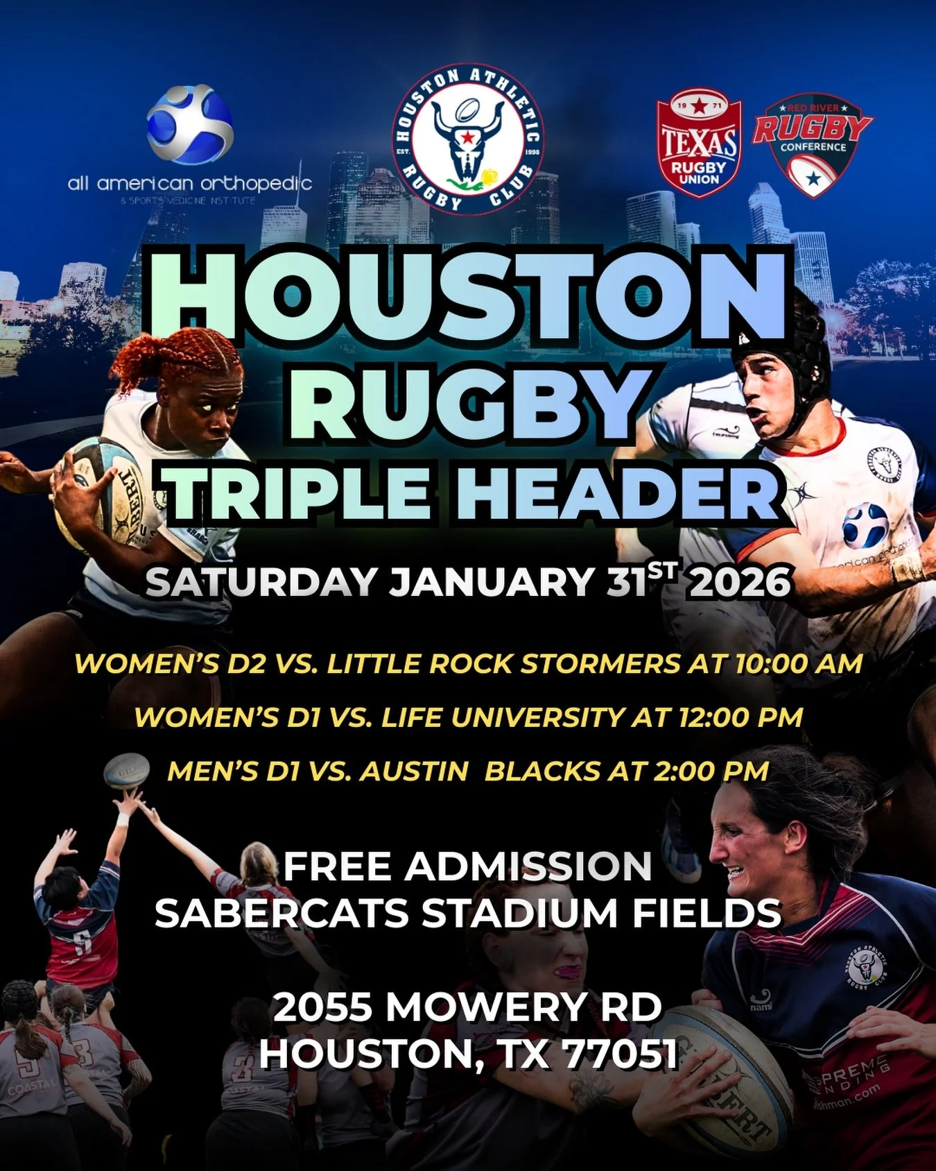 The rugby season continues with THREE epic home games at the Sabercats Stadium Training Fields this Saturday! 🏉

10:00 AM &ndash; Women&rsquo;s D2 vs. Little Rock Stormers
12:00 PM &ndash; Women&rsquo;s D1 vs. Life University
2:00 PM &ndash; Men&rsq