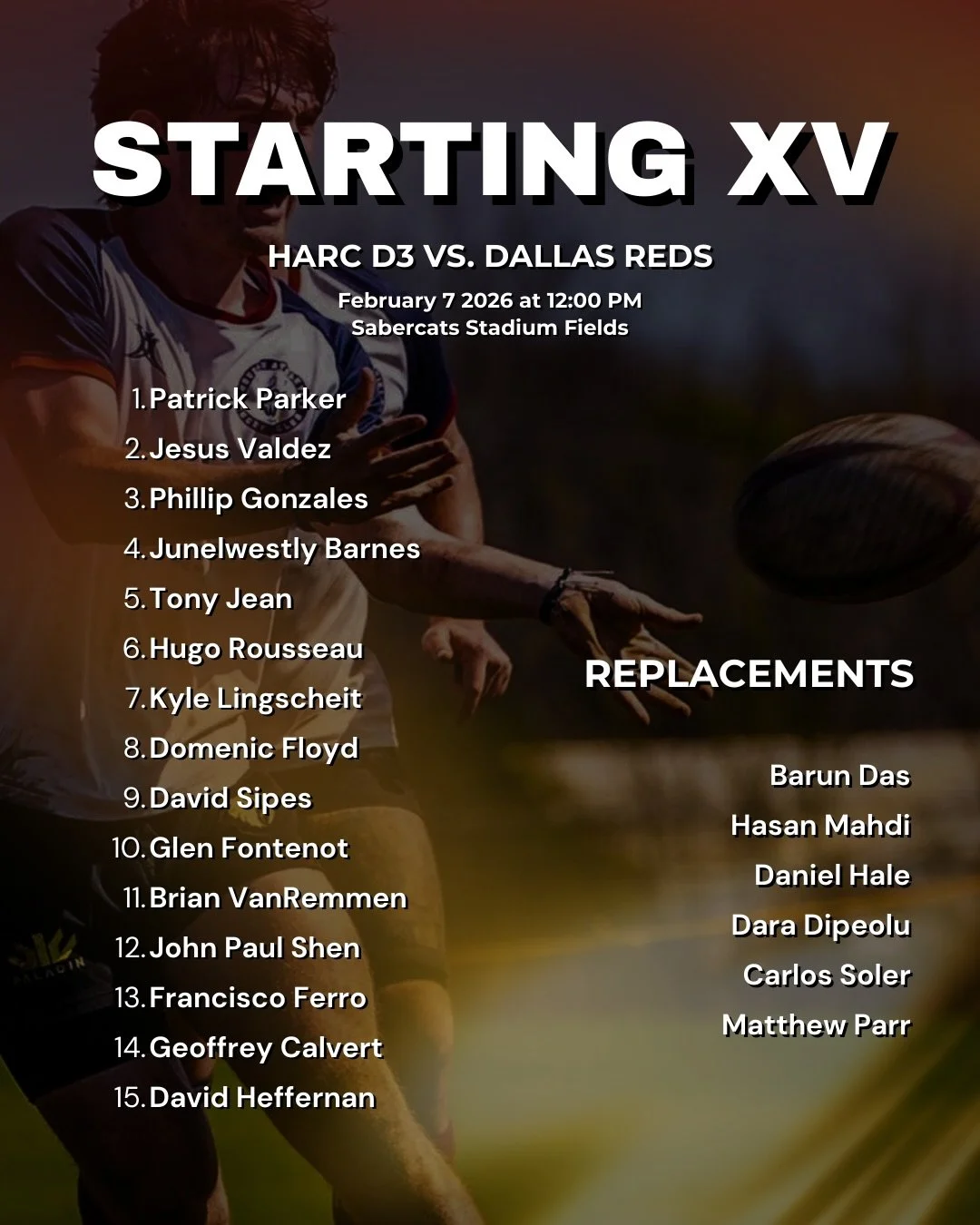 HARC Double Header against the Dallas Reds kicks off TODAY at Sabercats Stadium!

D3 KO 12:00 PM
D1 KO 2:00 PM

GO HARC! 🏉 

www.houston.rugby