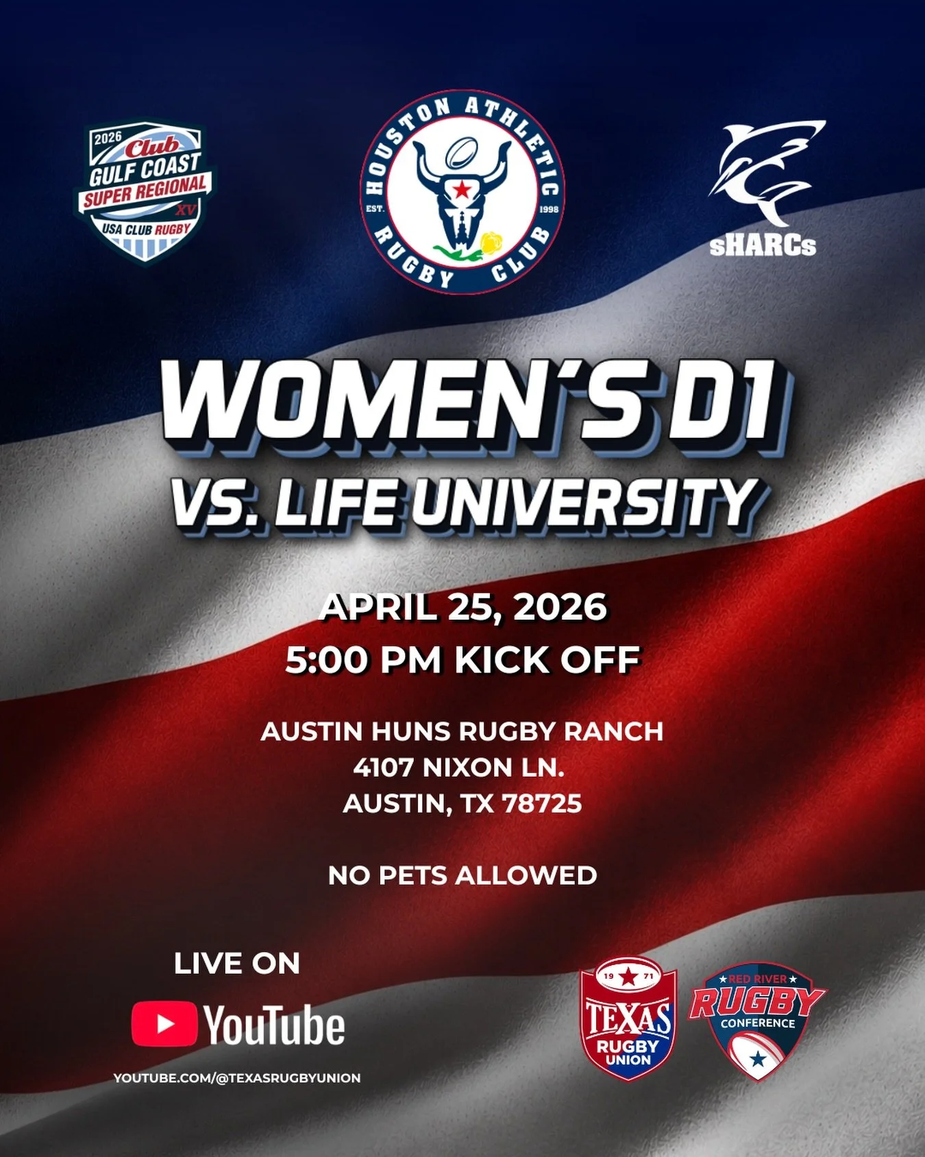 The SHARCS take on @lifeuwrugby in the Gulf Coast Super Regional this weekend in Austin. 

KO 5:00 PM
Huns Rugby Ranch
4107 Nixon Lane

GO HARC!