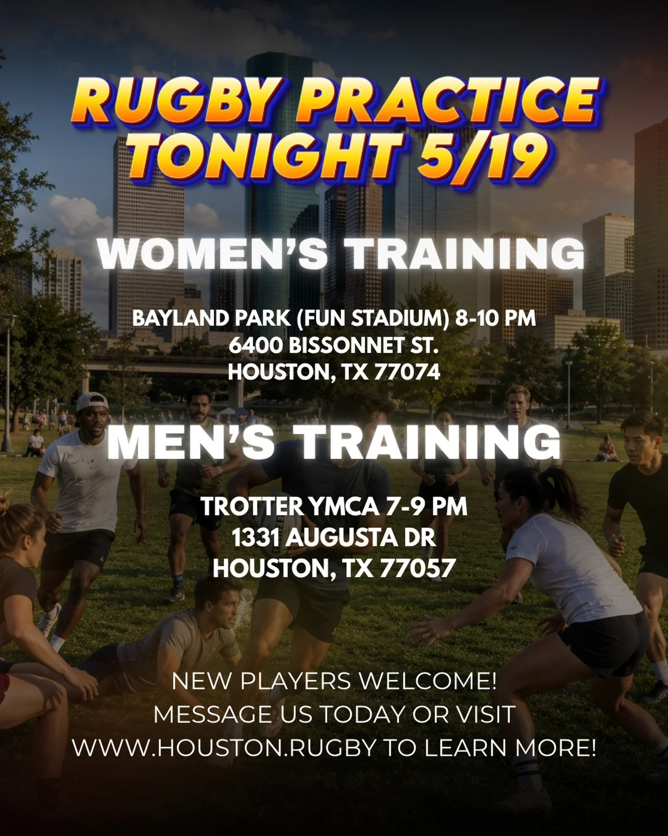 RUGBY 7s PRACTICE TONIGHT! 🚨 

🏉 WOMEN&rsquo;S TRAINING at Bayland Park at 8pm
6400 Bissonnet St. Houston, TX 77074

🏉 MEN&rsquo;S TRAINING with HURT at Trotter YMCA at 7pm
1331 Augusta Dr Houston, TX 77057

New players welcome, visit a practice o