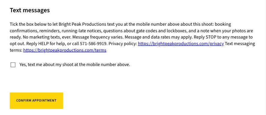 The Text messages section of the BPP booking form: the disclosure text, the unticked checkbox that reads Yes, text me about my shoot at the mobile number above, and the Confirm Appointment button