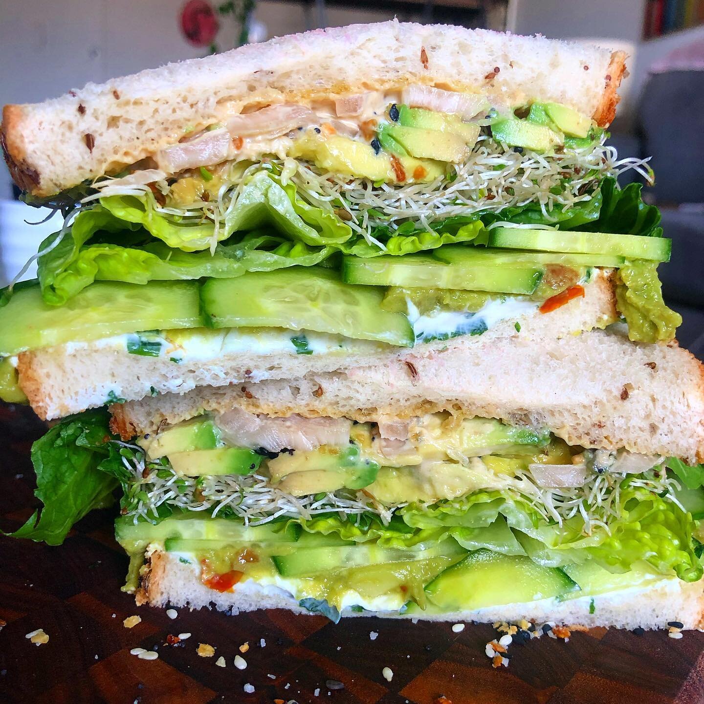 I&rsquo;m back in my 3rd quarantine and want to try posting everything I&rsquo;m eating for the next two weeks. Before I jump in, I want to give a little bit of props to this gorgeous #sandwich I made during the first #QUAR .
It&rsquo;s every #vegeta