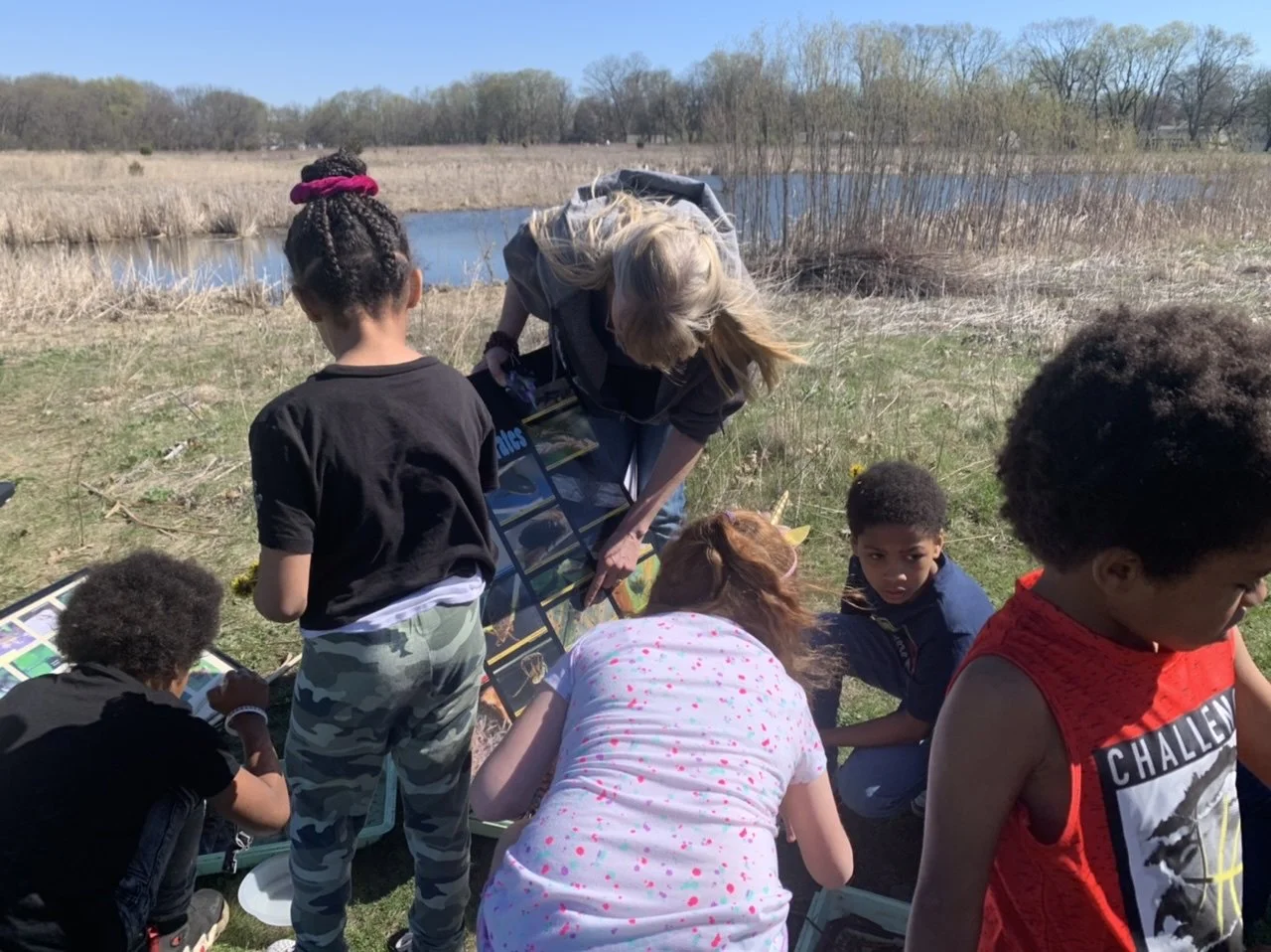 Wetland enrichment by Urbana Park District and Natural History Survey teams at weaver park, Urbana IL. with students of Dr  Preston Elementary school, Urbana.