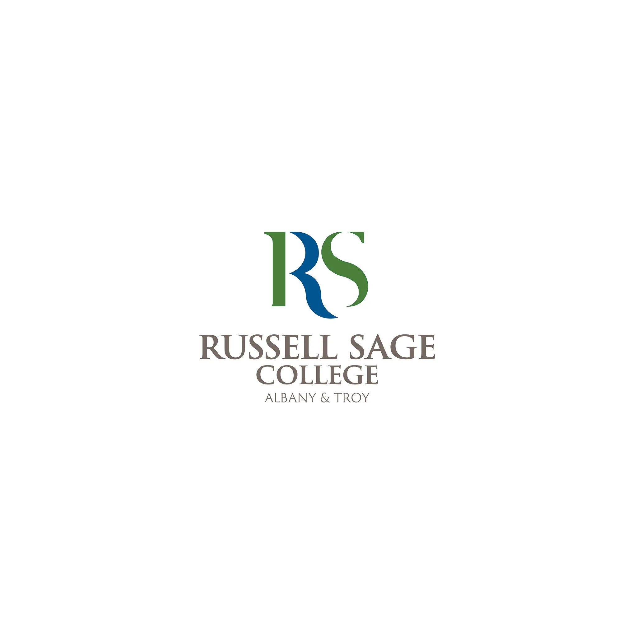 Logo for Russell Sage College featuring a stylized 'RS' in green and blue, with the college's name and locations Albany and Troy beneath.