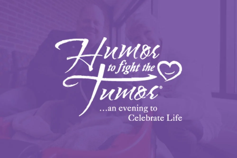 Purple promotional graphic for an event called Humor to Fight the Fumer, an evening to celebrate life, featuring men sitting outdoors near a brick wall.