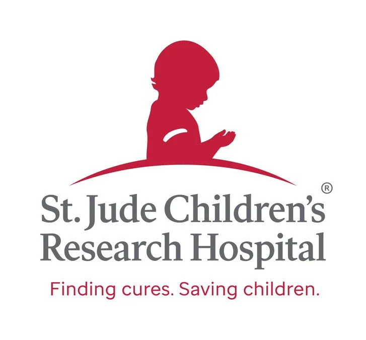 Logo for St. Jude Children's Research Hospital featuring a silhouette of a child praying, with the text 'St. Jude Children's Research Hospital' and the tagline 'Finding cures. Saving children.'