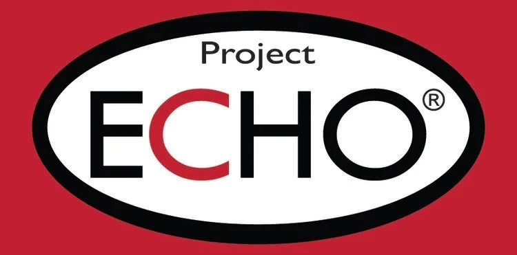 Logo for Project ECHO with red background and black, white, and red text