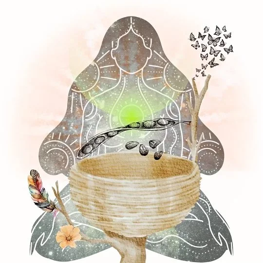 Illustration of a meditative figure with a luminous green center, surrounded by a bowl of seeds, a feather, a flower, a tree, and a flock of butterflies.