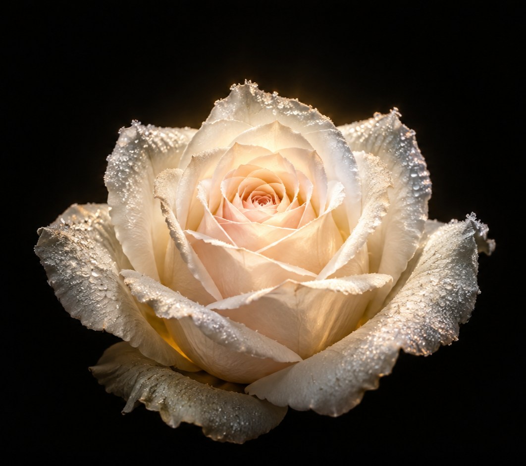 Close-up of a white rose with dewdrops on its petals, illuminated against a black background.