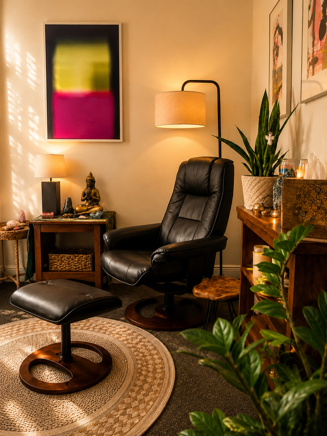 Private somatic psychotherapy office of Jessica Garet, LCSW, at AiRE Healing in Fort Lauderdale, offering heart-centered therapy, nervous system regulation, and embodied healing.
