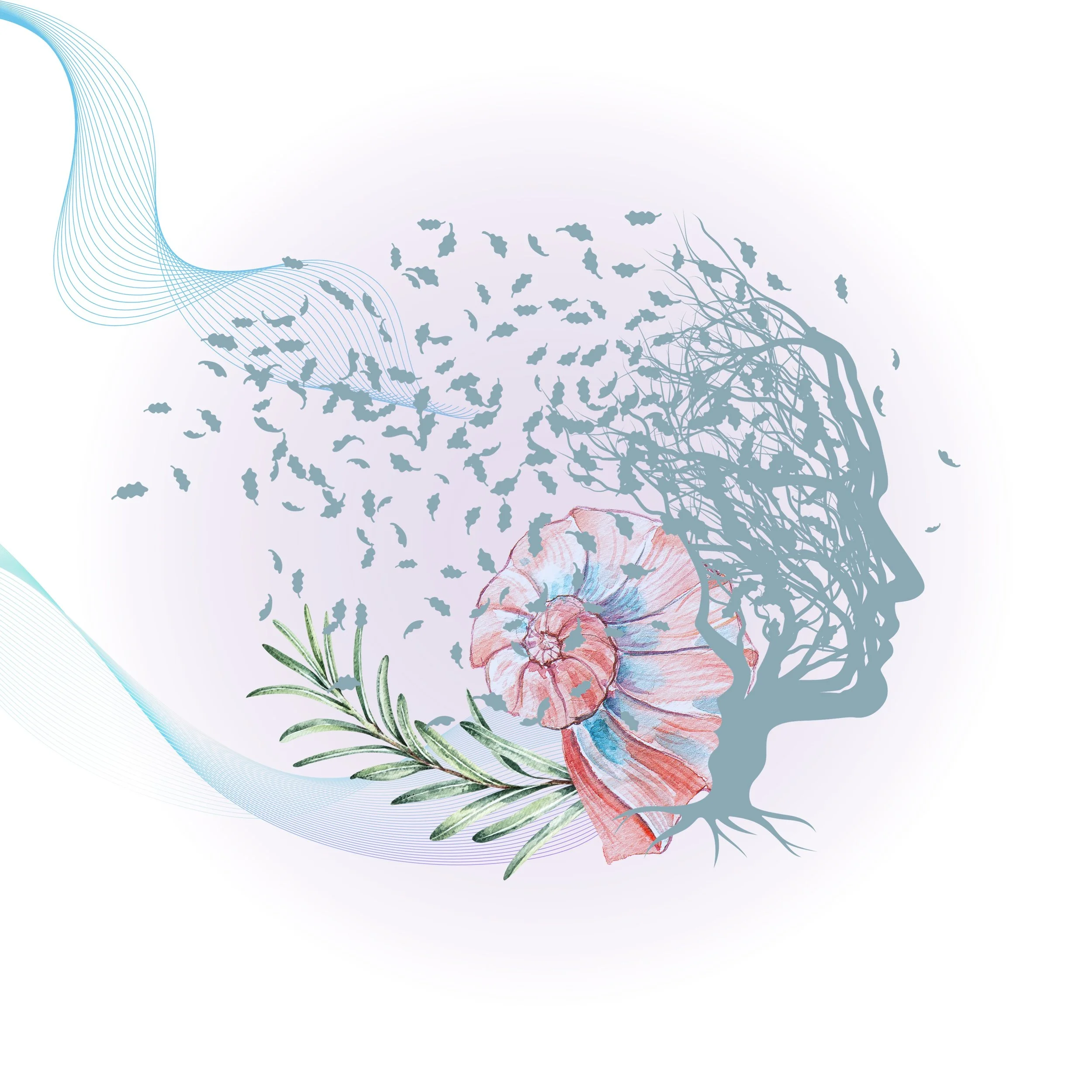 A digital illustration featuring a human face profile outlined with flowing lines, a tree with branches and leaves, a nautilus shell, a sprig of rosemary, and flying birds, creating an abstract artistic composition.
