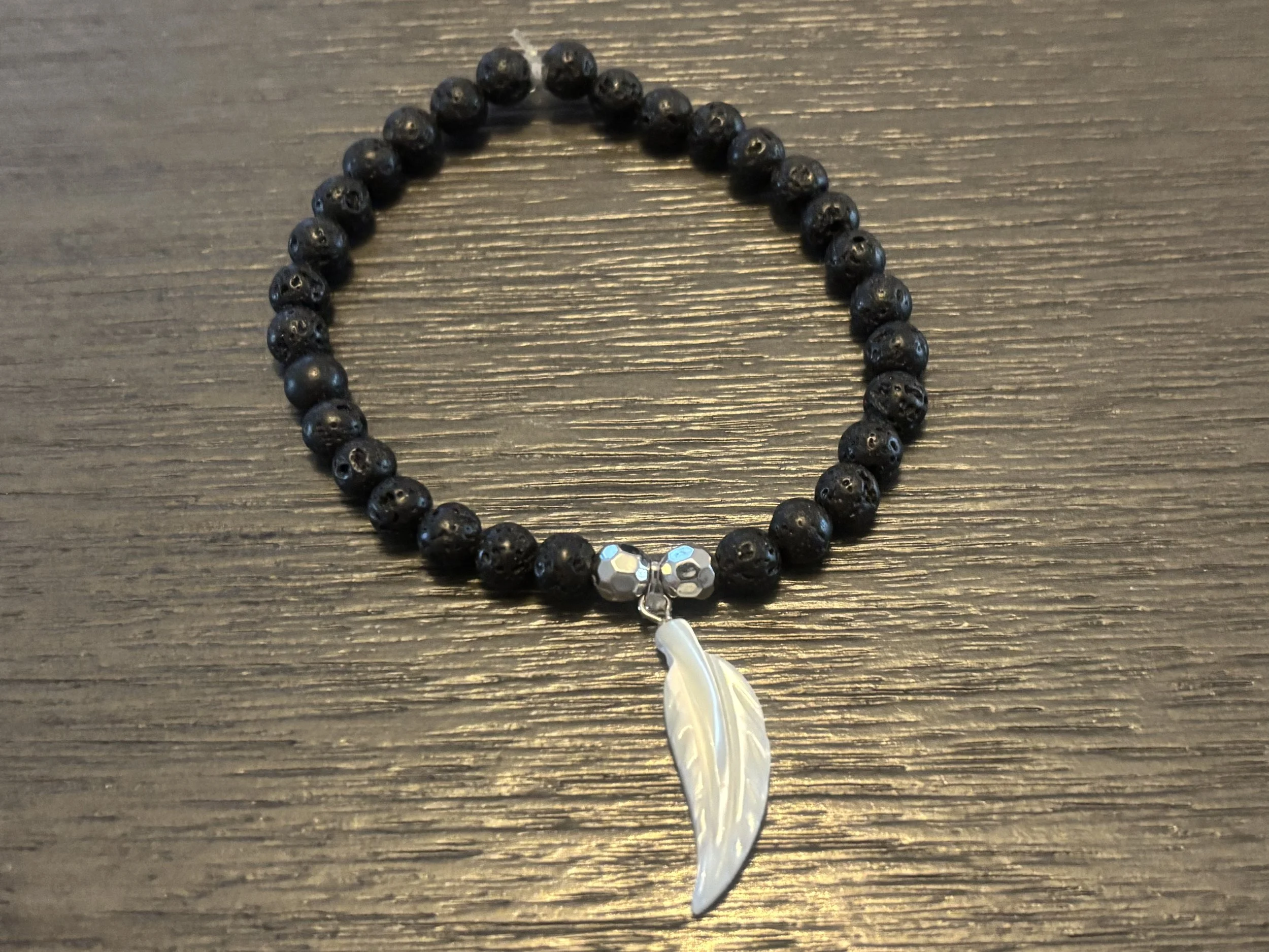 Feather Pendant and Charcoal Beaded Bracelet