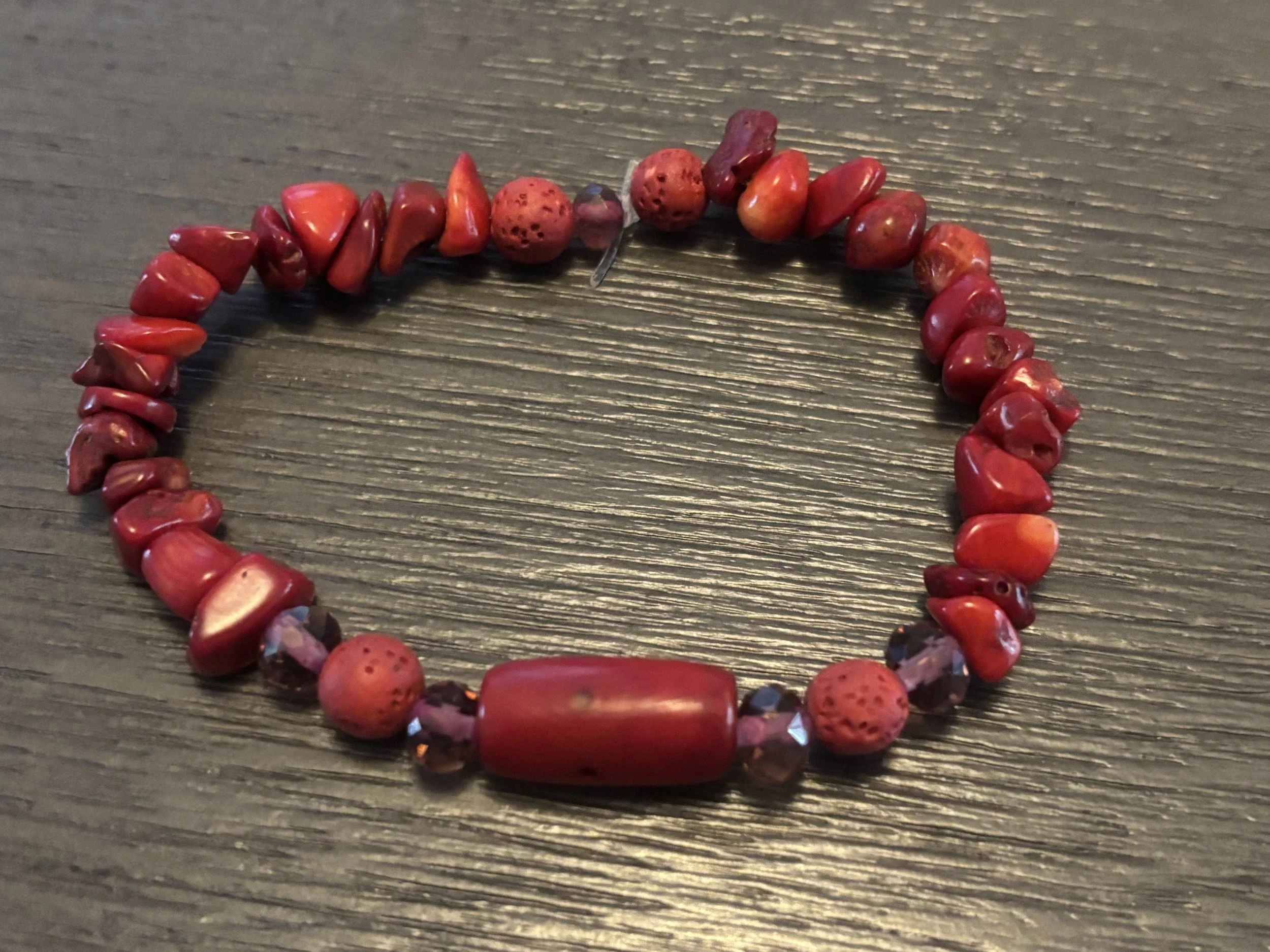 Red Coral, Crystal and Red Charcoal Beaded Bracelet