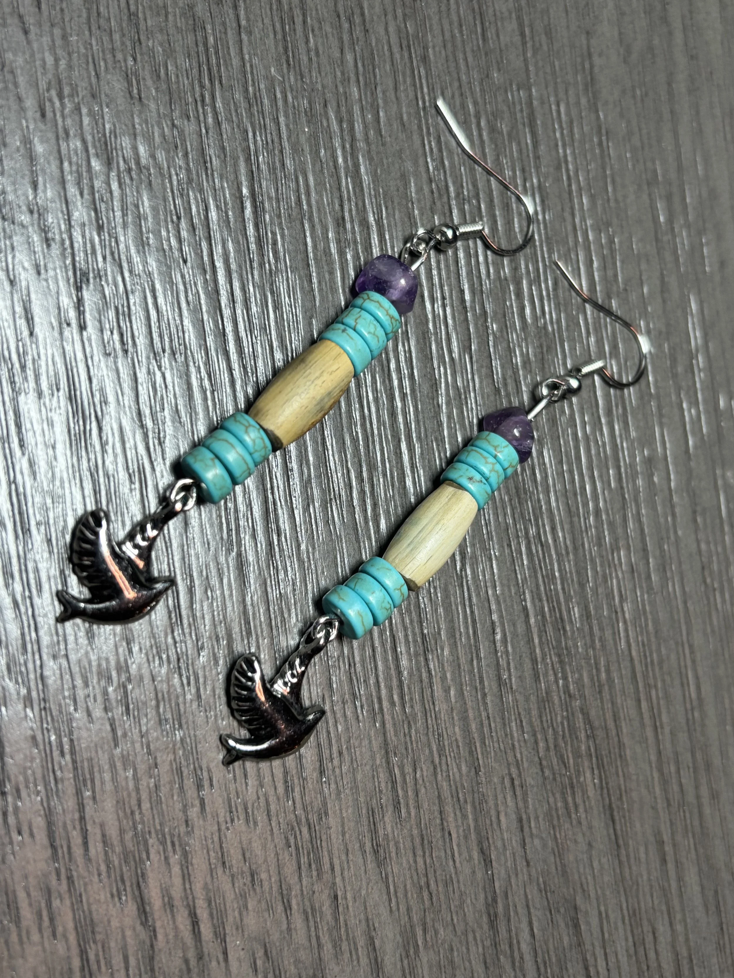 Amethyst and turquoise dove pendant beaded earrings