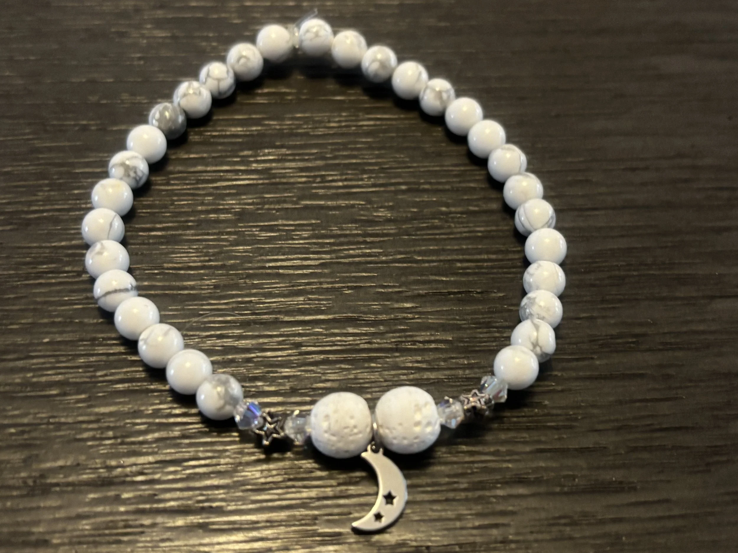 Crescent Moon, White Charcoal and Howlite Beaded Bracelet
