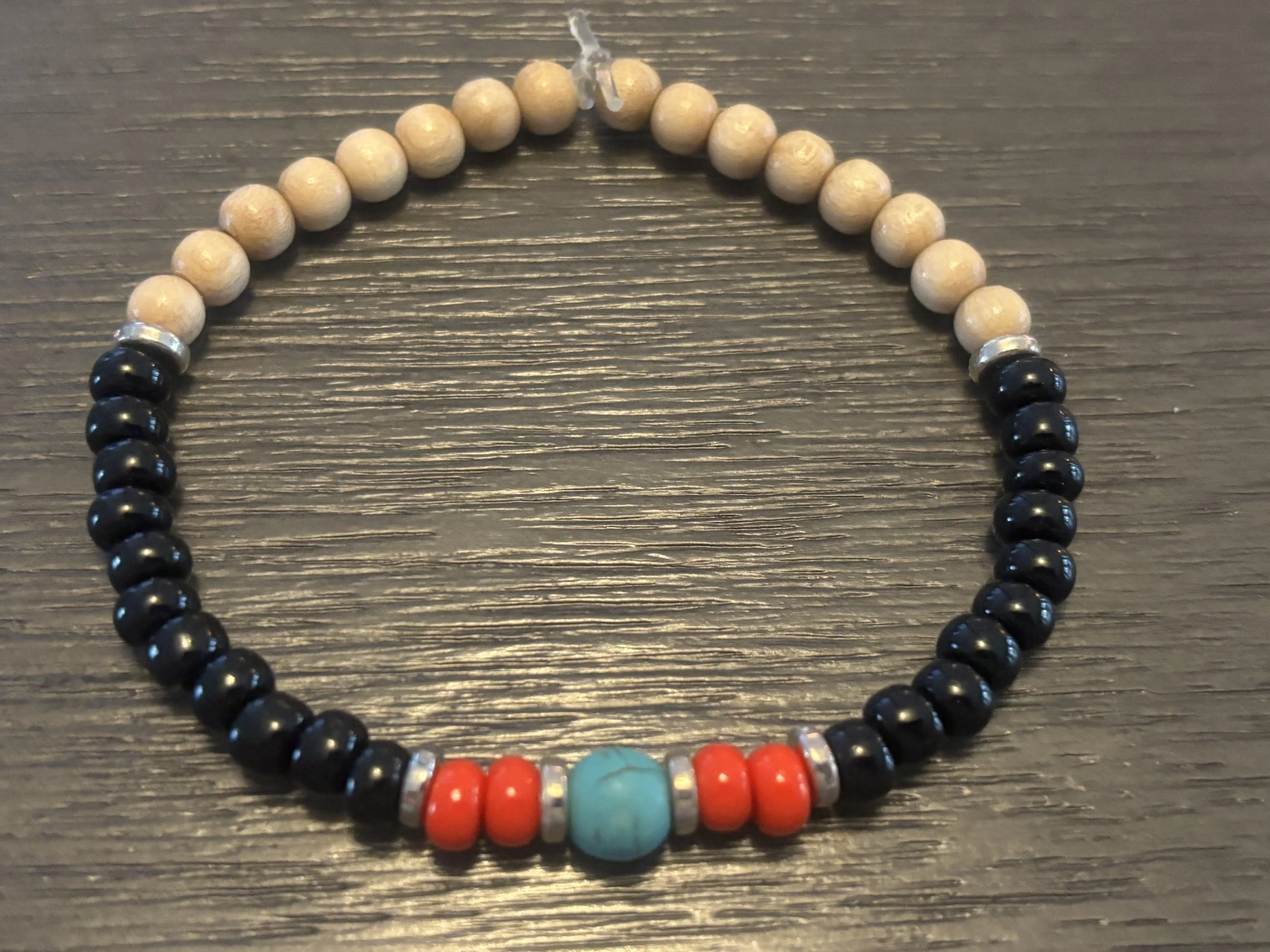 Turquoise, Red, Black and Wood Beaded Bracelet