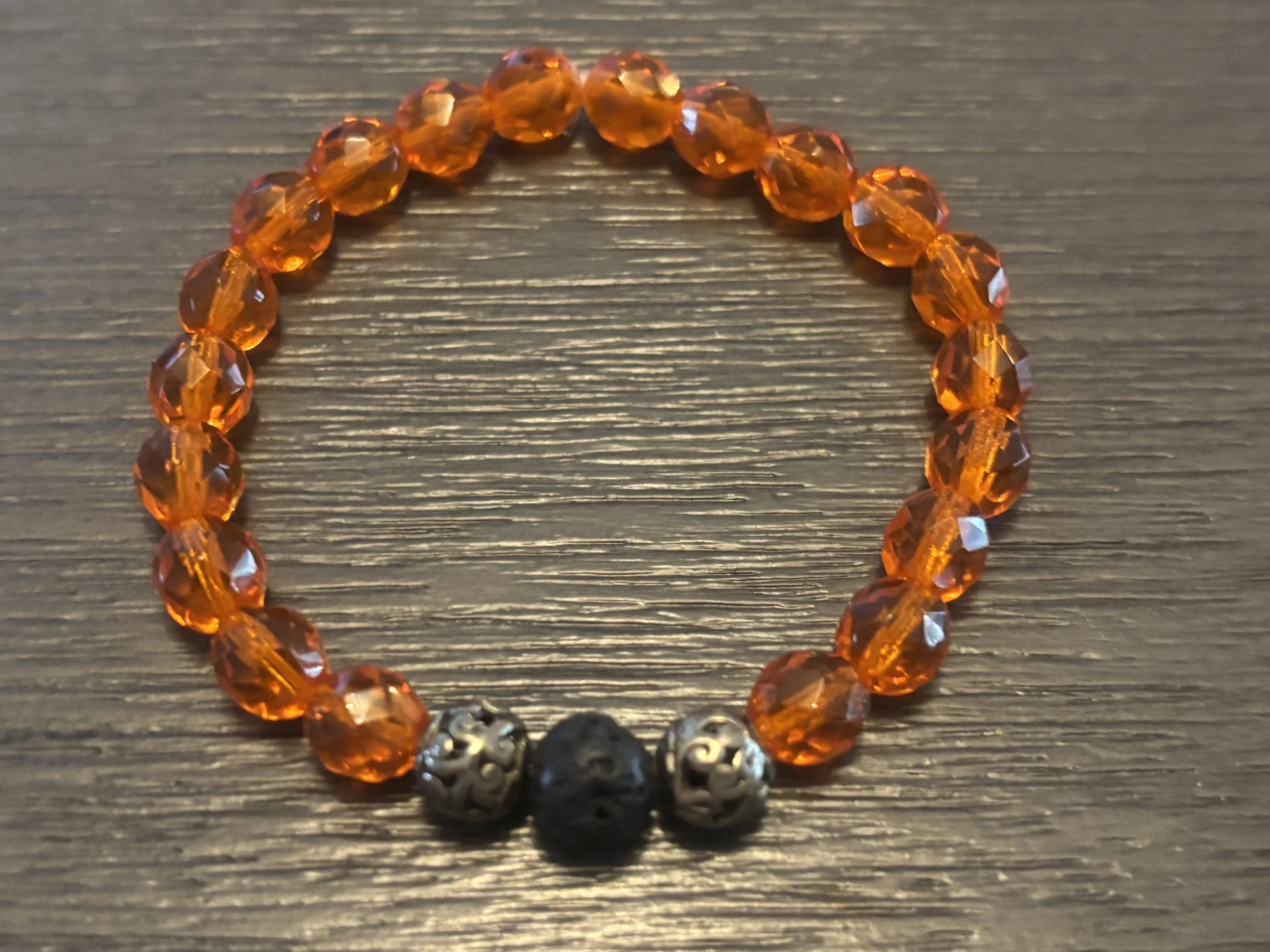 Orange Crystal, Silver and Charcoal Beaded Bracelet