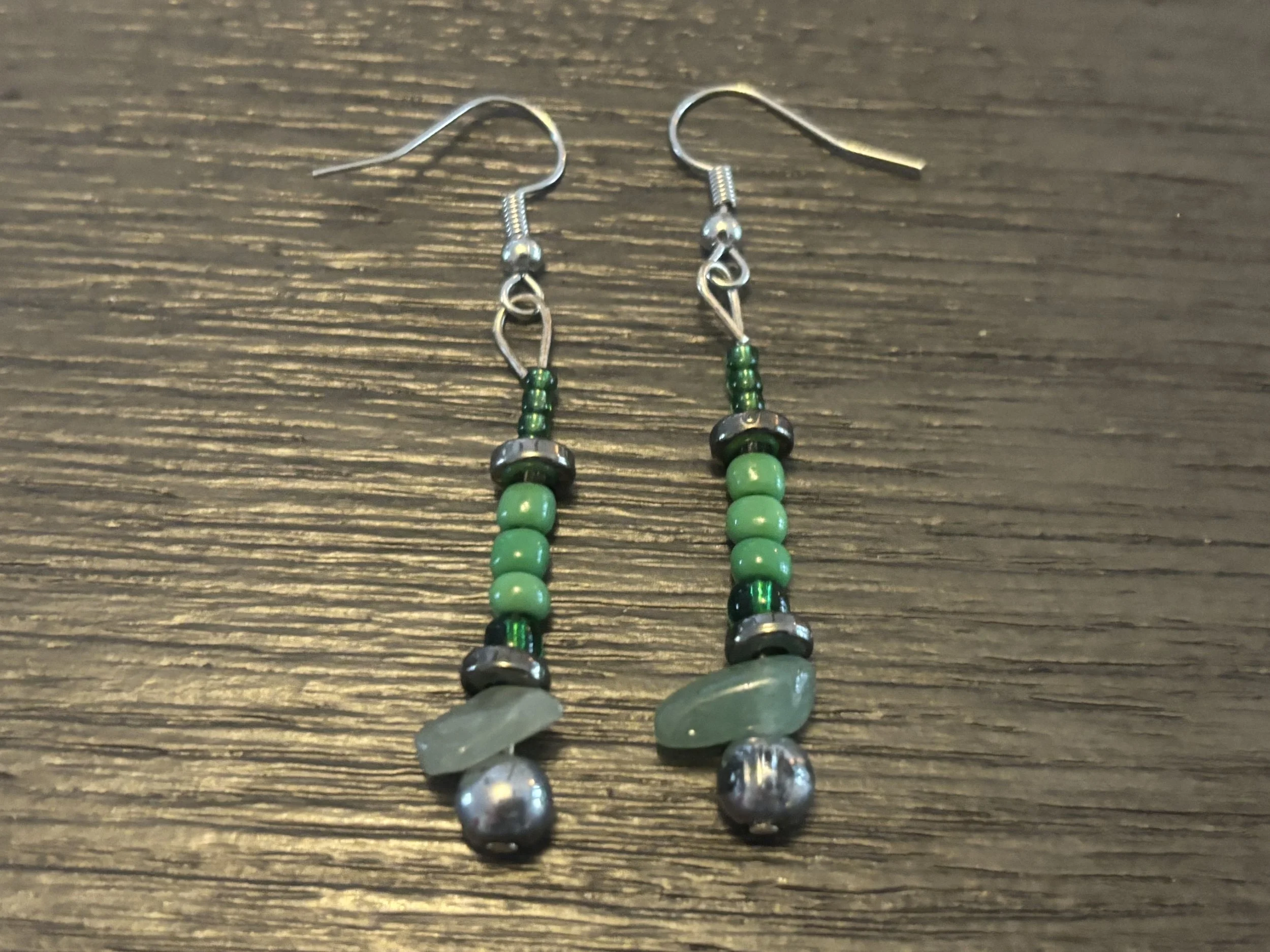 Green and Silver Beaded Earrings