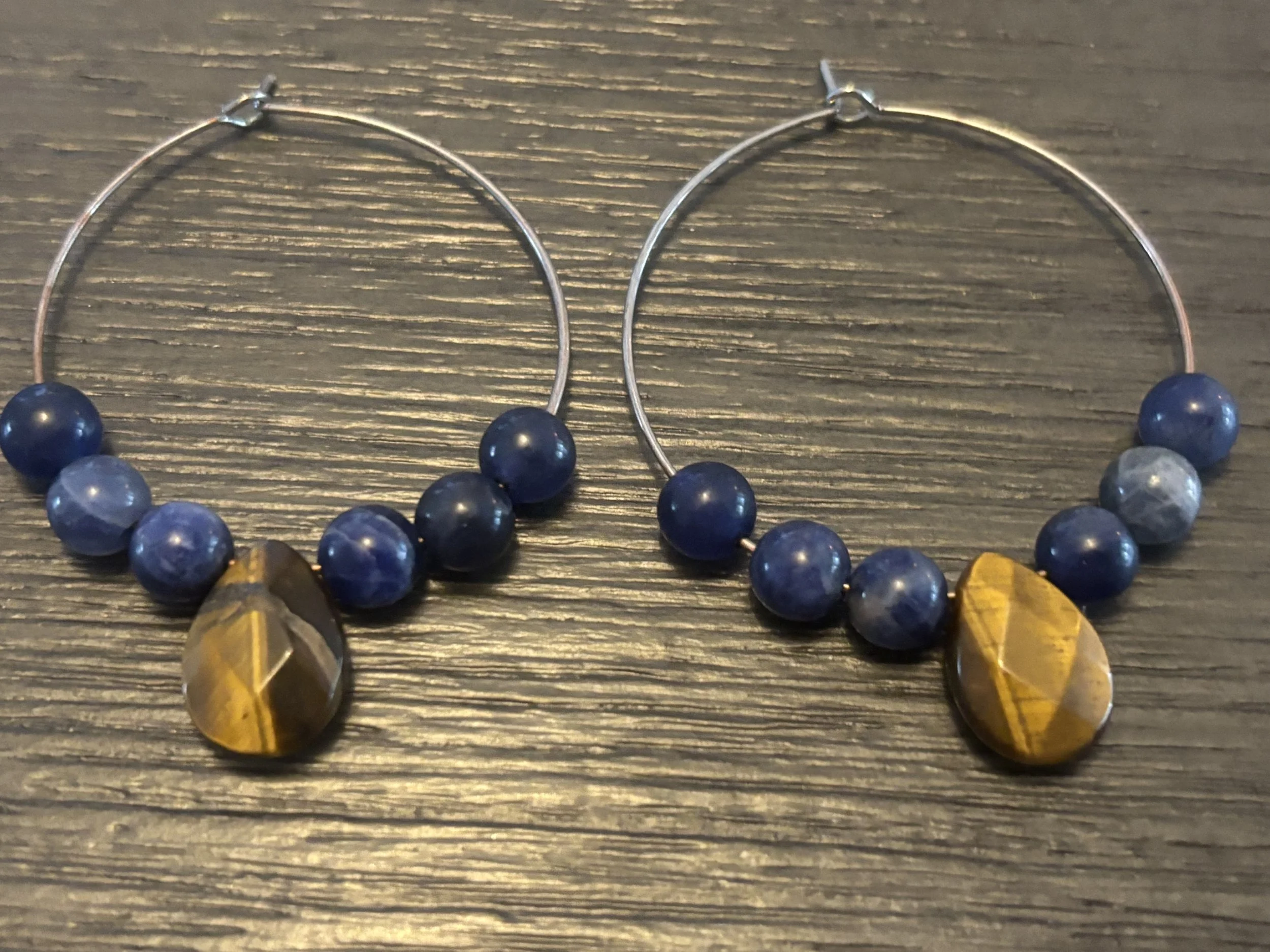 Lapis and Tigers Eye Beaded Hoop Earrings