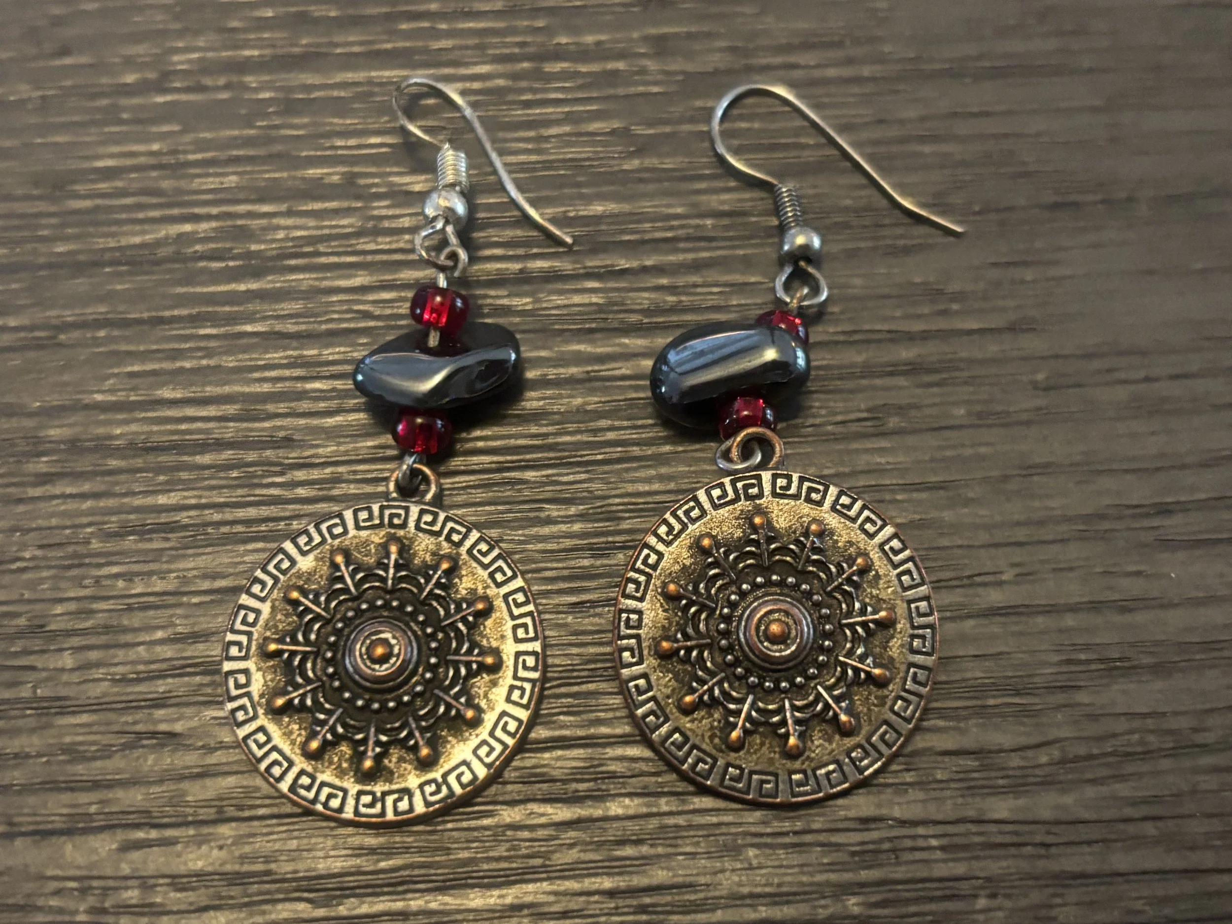Silver Sun Pendant with Red and Hematite Beaded Earrings