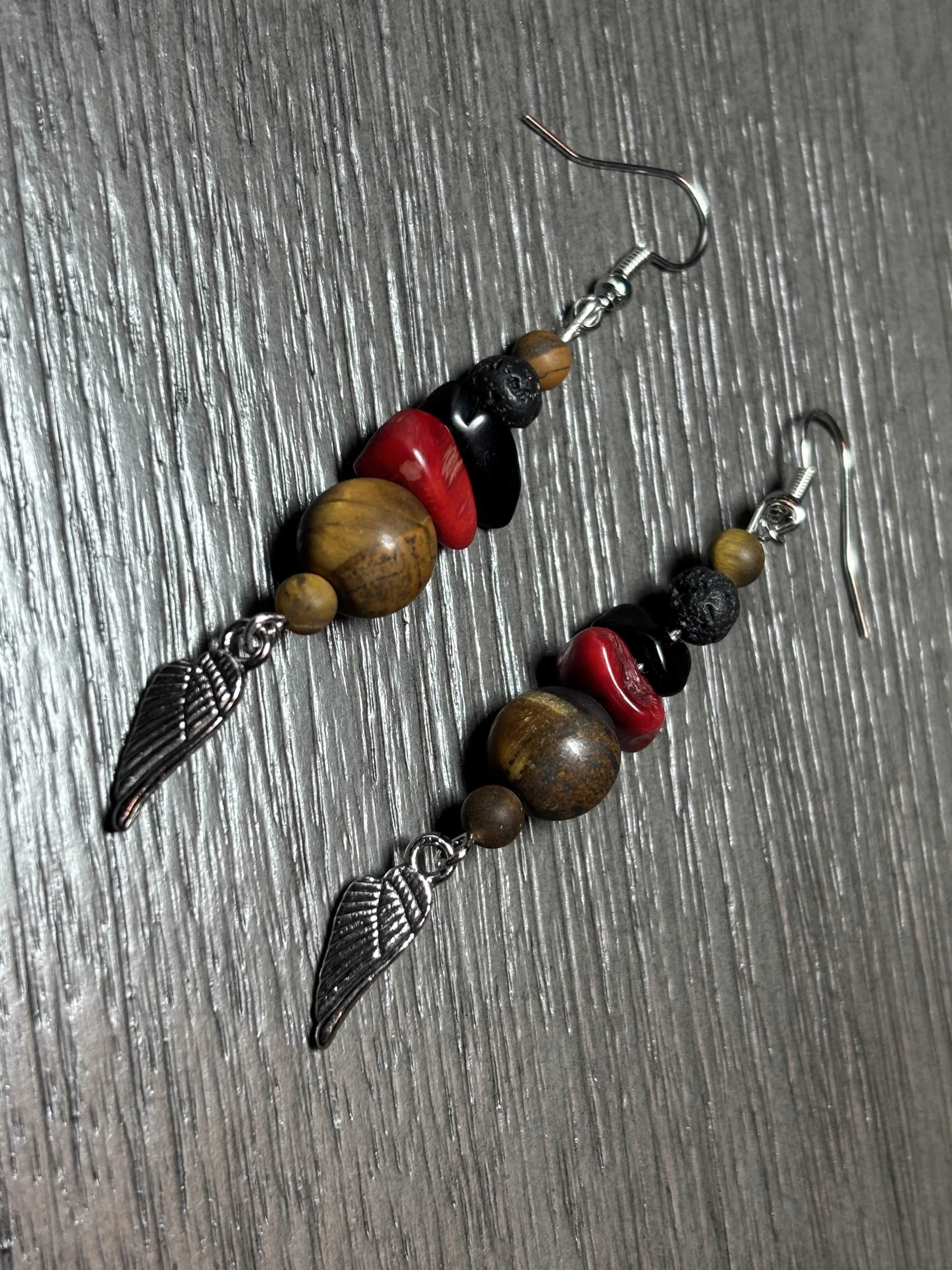 Tigers Eye, Coral, Onyx and Charcoal Wing pendant beaded earrings