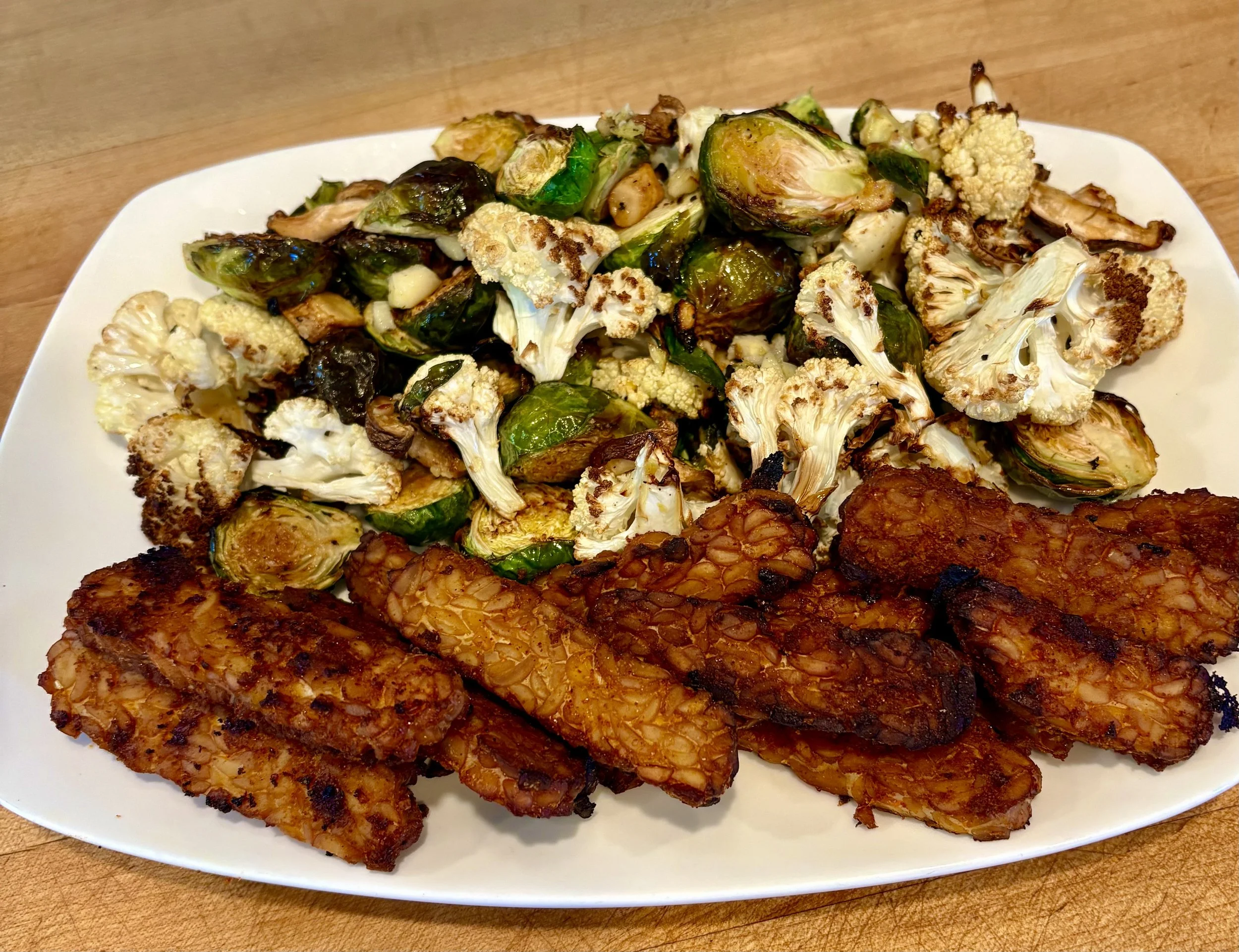 Cabbage, Cauliflower, Broccoli or Brussels, roasted with tempeh bacon