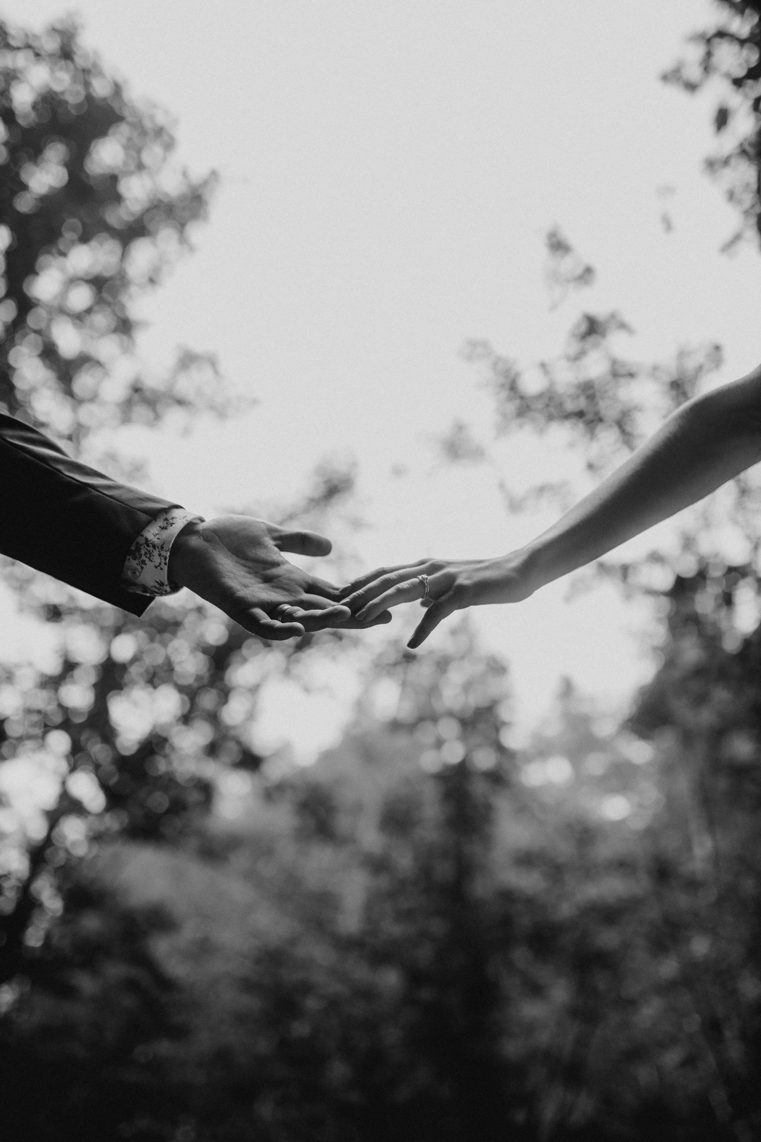 Black and white photo of two people reaching out to hold hands with a blurred nature background.