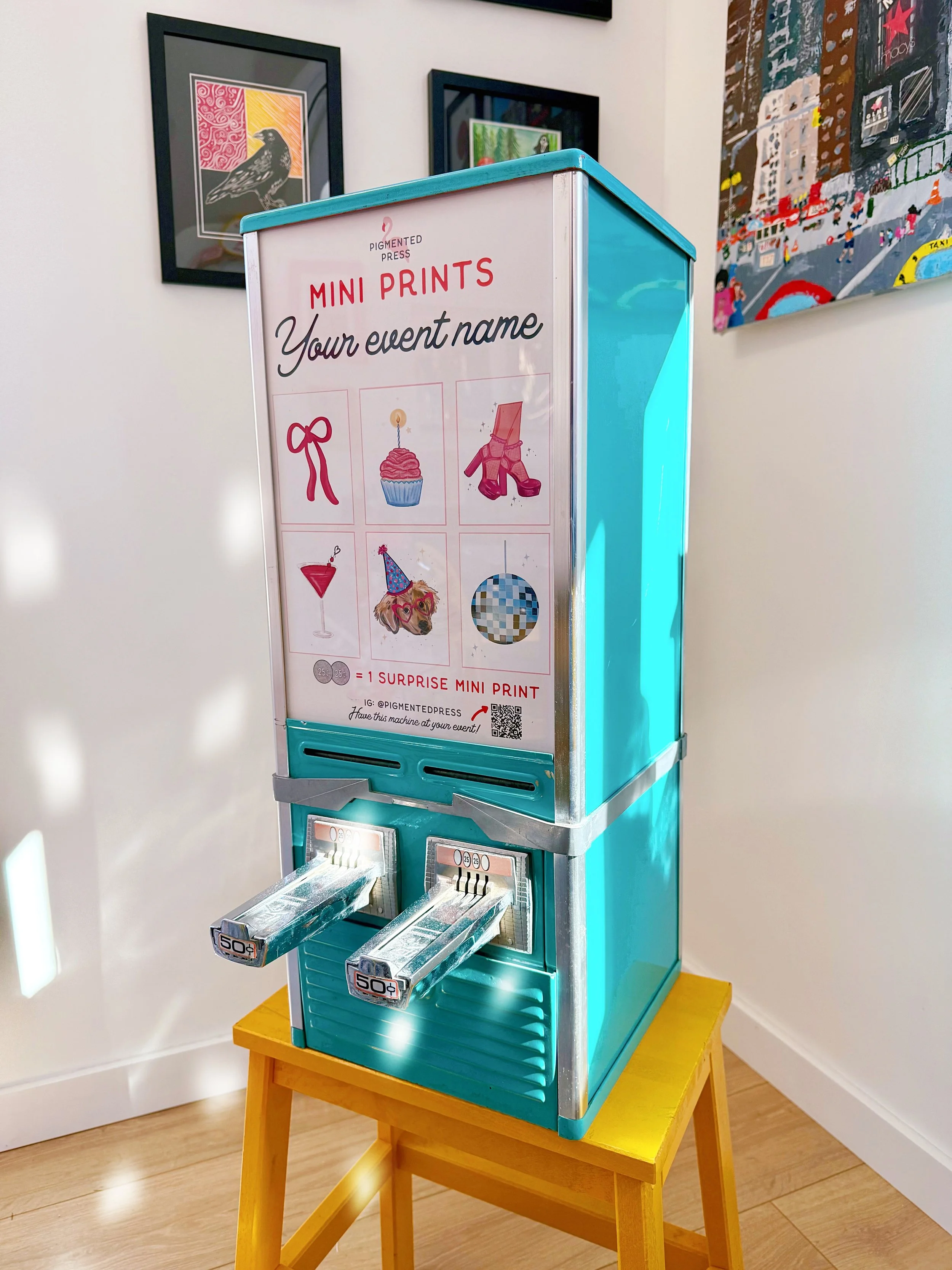 blue vending machine with party themed prints