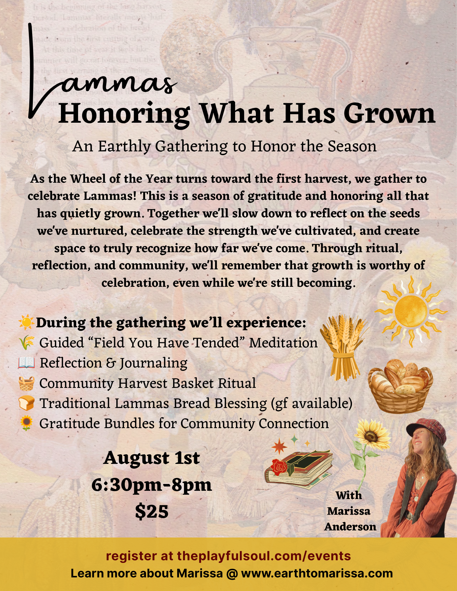 Poster announcing an event called 'Llamas Honoring What Has Grown,' a celebration of the season with activities like a guided meditation, reflection and journaling, a harvest basket ritual, bread blessing, and gratitude bundles. The event is schedule