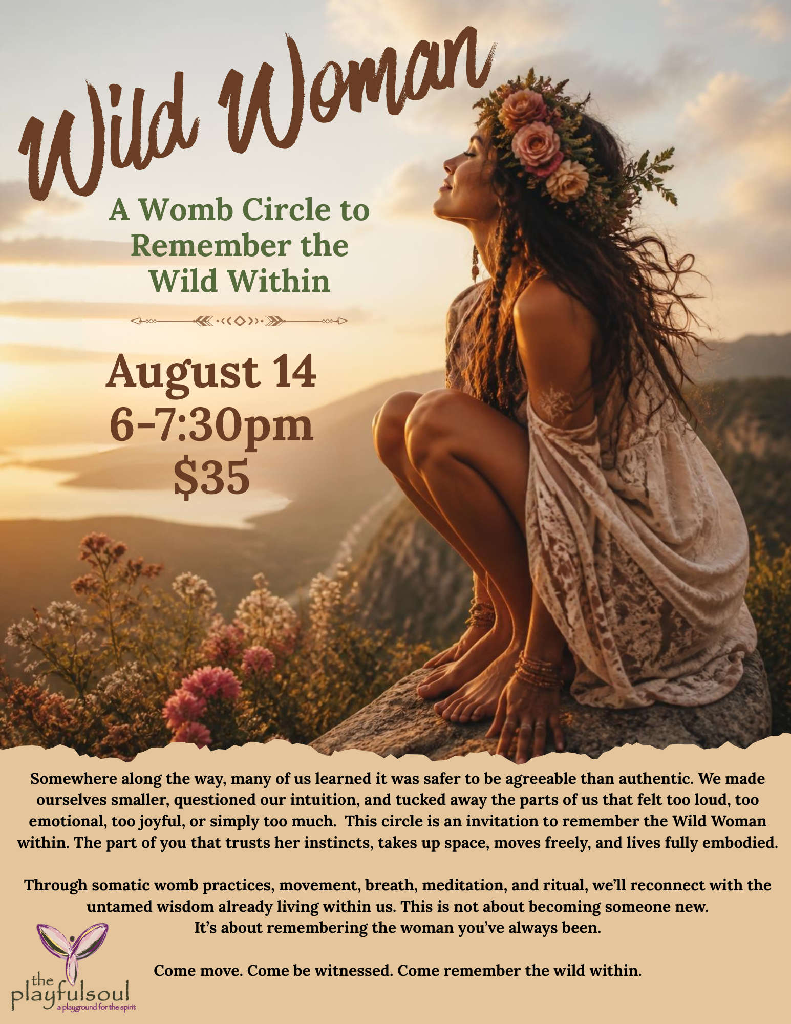 A woman with a flower crown sitting on a rock overlooking a landscape at sunset, with the event details text overlayed.