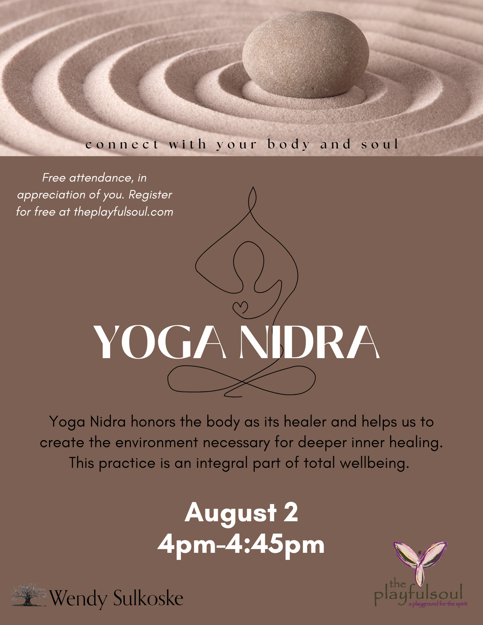 The image shows a promotional flyer for event titled Yoga Nidra. The flyer features a photograph of a smooth stone placed on the ground with concentric circles of sand around it, creating a Zen-like atmosphere. The text indicates that the event is fr