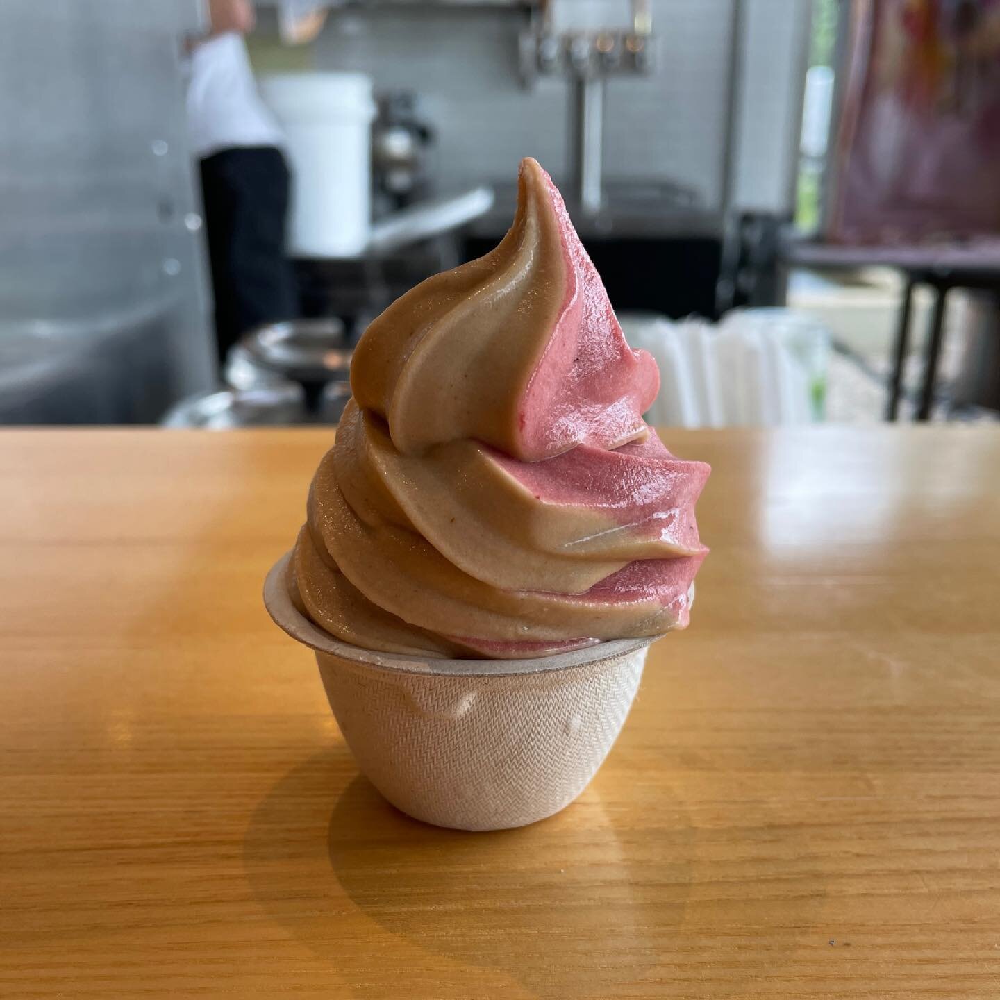 Peanut Butter and Strawberry Jam Soft Serve (vegan). Coming soon.