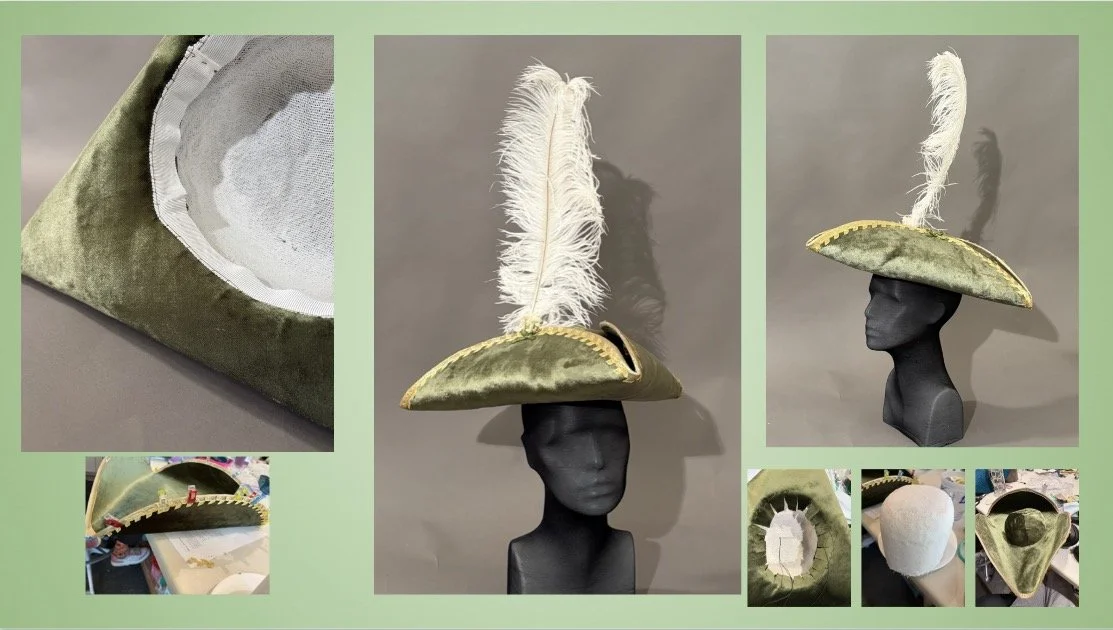 Millinery: velvet on buckram tricorn hat