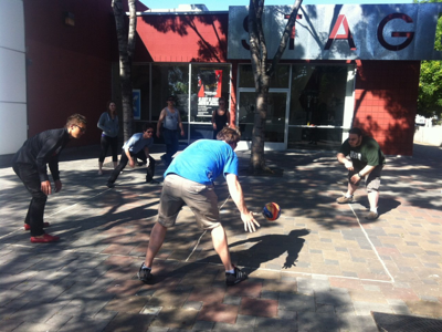 The Company plays foursquare together.
