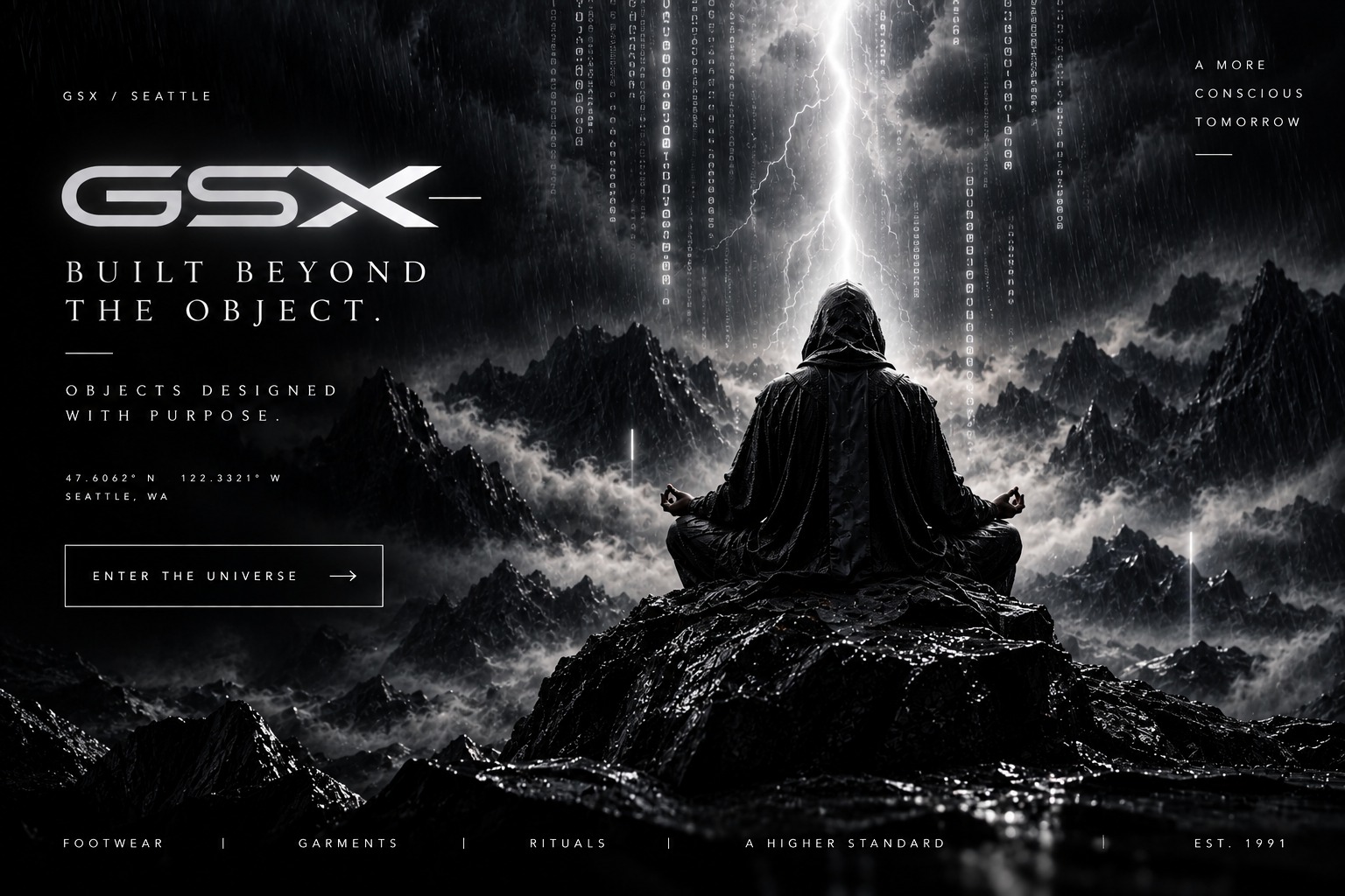 GSX meditating figure over carbon mountains