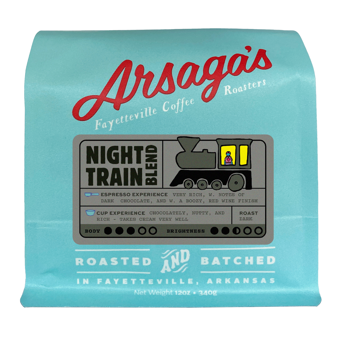 Arsaga's Arsaga's Café Negro Espresso Night Train, Tueste Oscuro, Naturalmente Cafeinado, Granos Enteros, 12 oz, 1 Unidad — product image