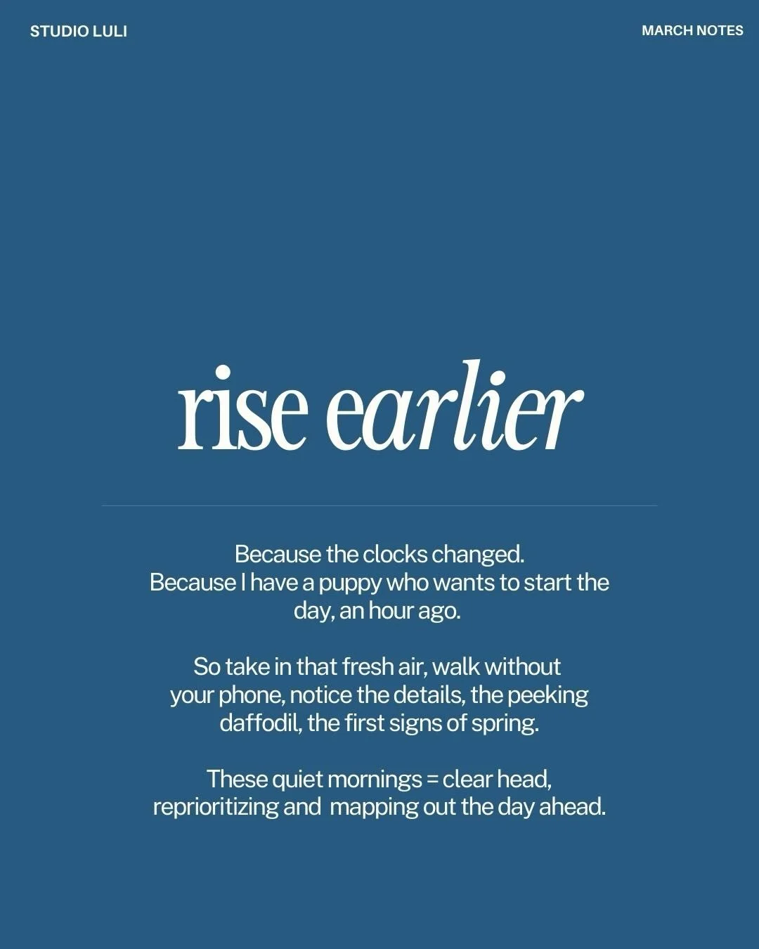 The clocks changed.
My yellow lab puppy didn&rsquo;t get the memo.📋 🦮

So we&rsquo;re up earlier, adjusting routines.

Funny how slowing down for a moment can shift what actually matters. 🐢🐌🩵

#studioluli #marchnotes #savortheslow