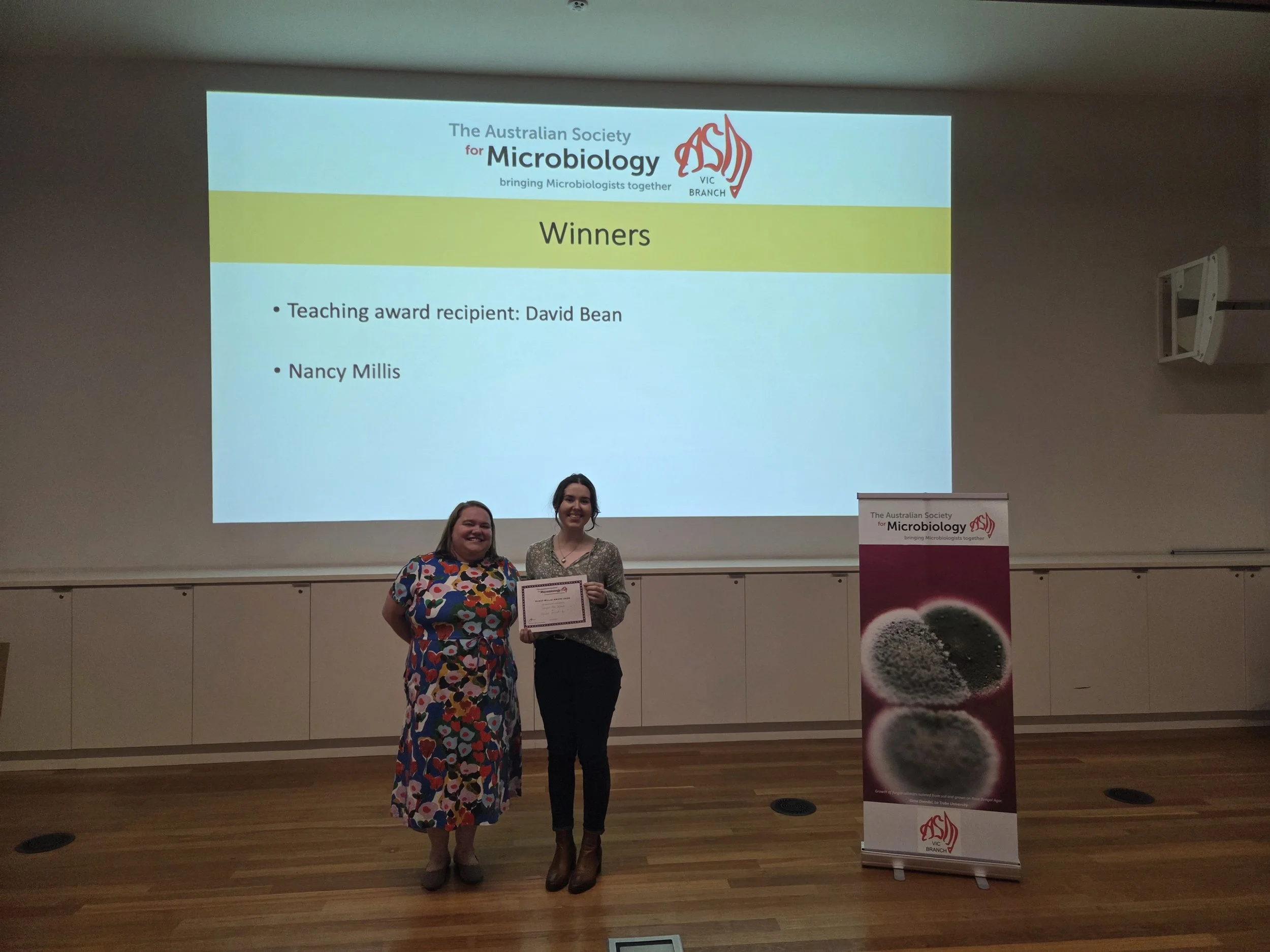 Nancy Millis 2026 Awardee Georgia-Rose Gilmore (right) and ASM Vic Branch Deputy Chair Dr Sarah Baines (left)