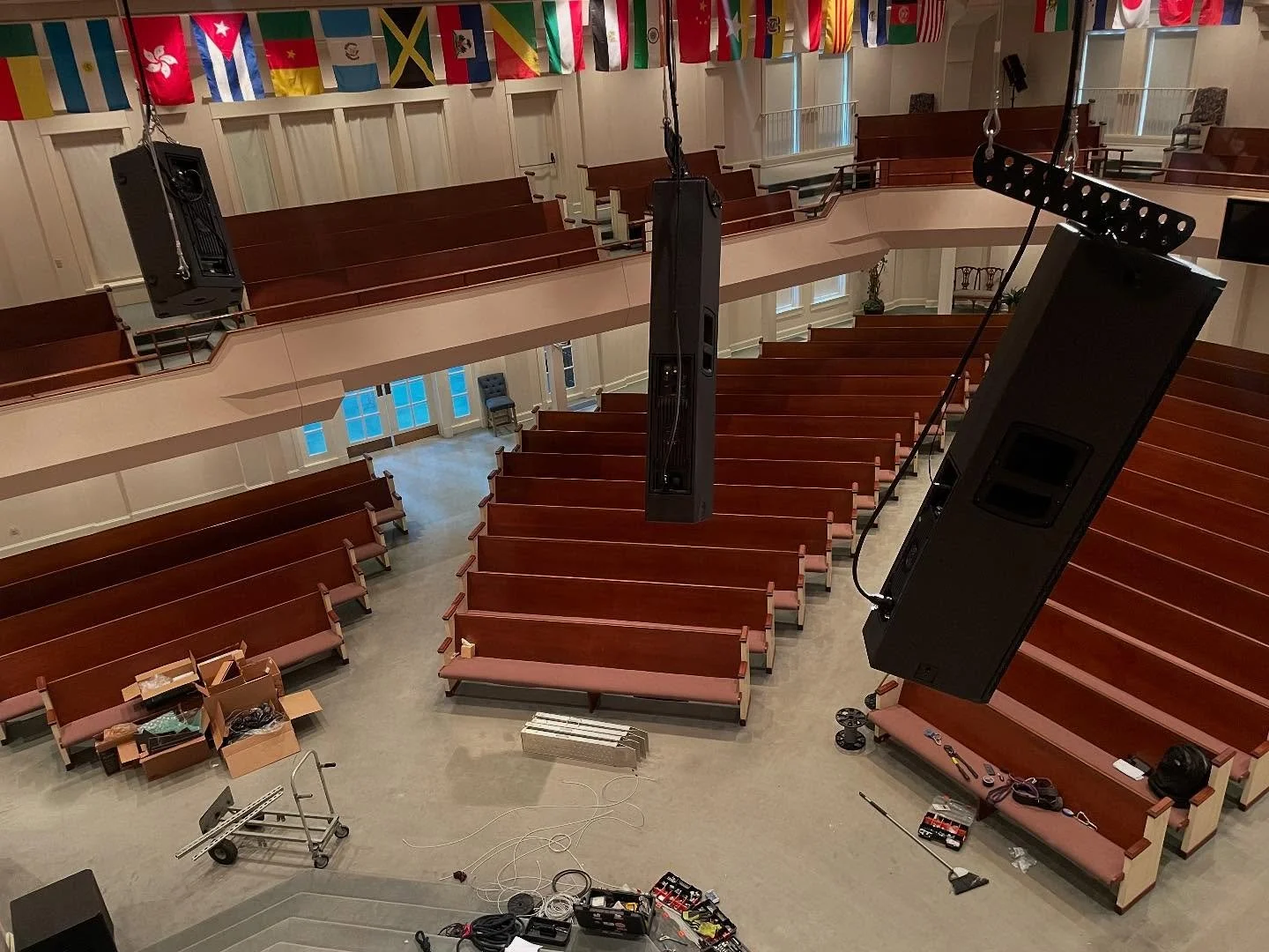 Two weeks ago @tech.pilots had the privilege of rigging four new @rcf_audio  speakers for @fbcduluth and FBD Worship Pastor @enricoyuli_stephen.  We also enjoyed connecting with @producedbymkc for the speaker placement design.