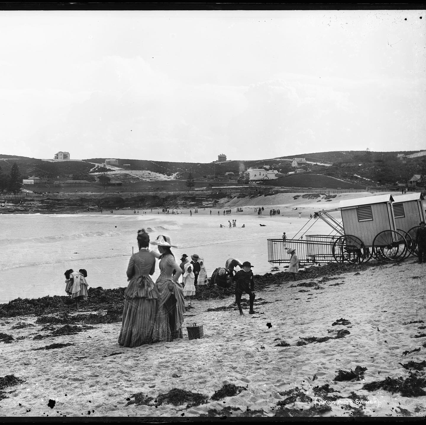 Bathing machines, bustles, bonnets, baskets and a breeze across the beach. A day at Coogee Bay, Sydney in the late 1880s. Glass plate negative, Henry King. Museum of Applied Arts and Sciences, 85/1285-345. 
#historicsydney #oldsydney #nineteenthcentu