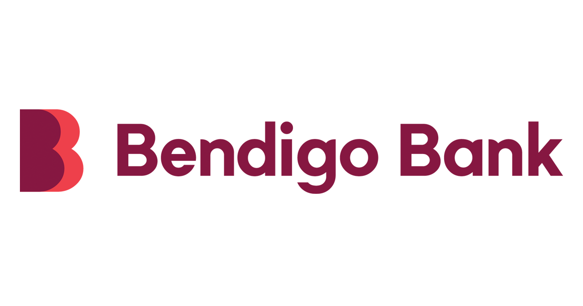 Bendigo Bank logo with a stylized 'B' symbol in maroon and coral next to the bank's name in bold maroon font.