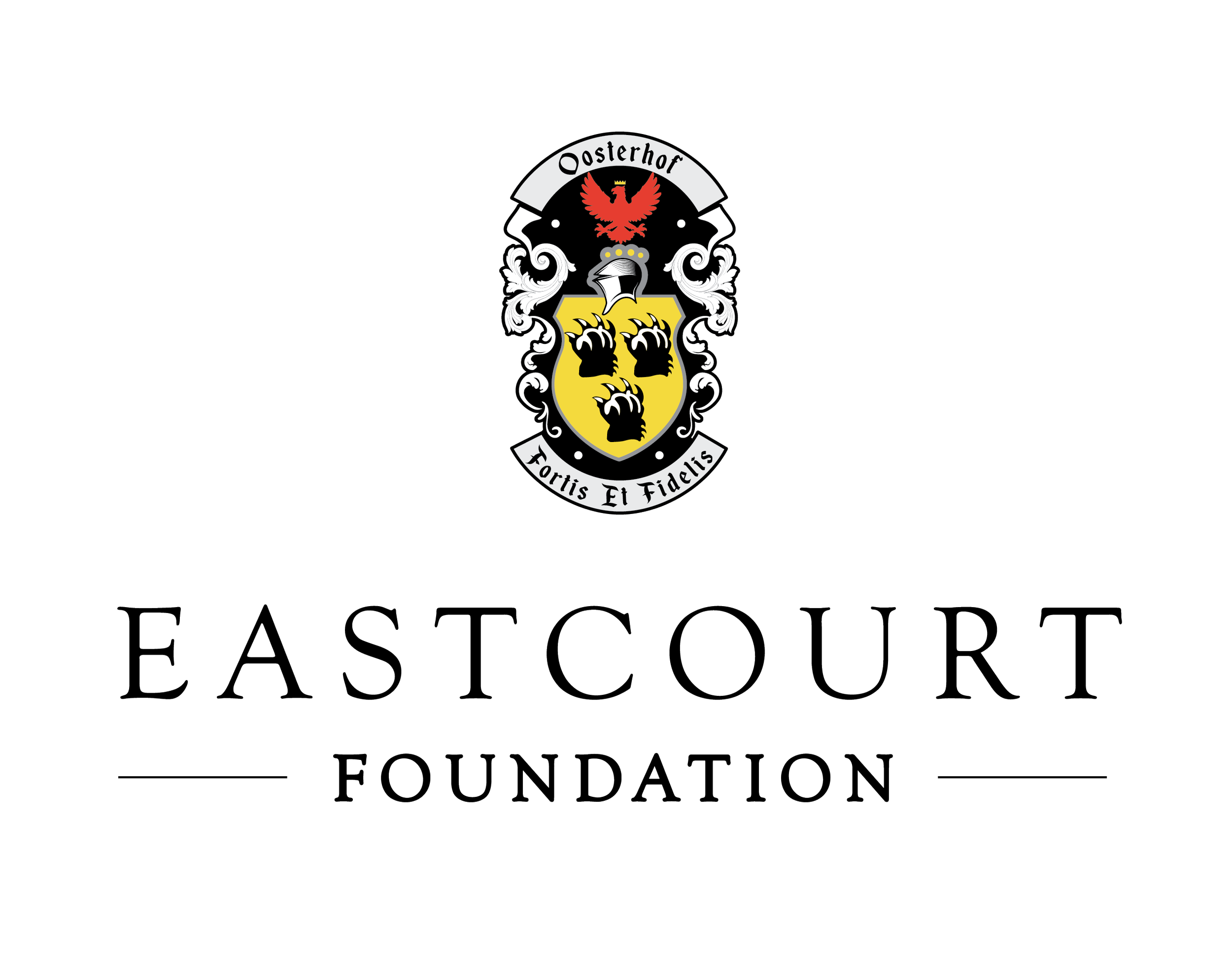 Logo of Eastcourt Foundation with a crest featuring a red eagle, a yellow shield with three black handprints, a silver arrow, and Latin motto 'Fortis Et Fidelius.' The name 'Oosterhof' appears above the crest, and 'EASTCOURT FOUNDATION' is written below.