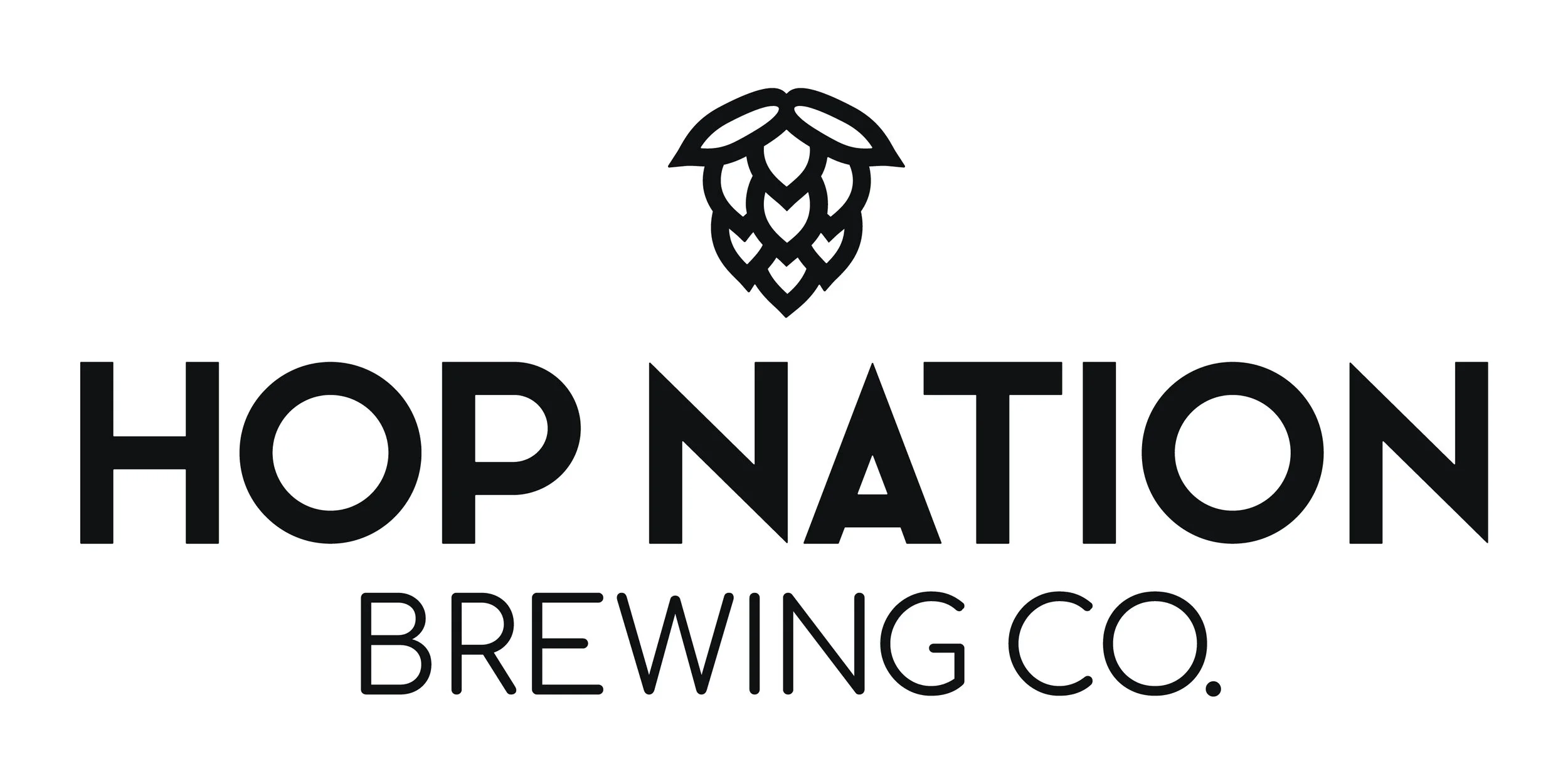 Logo for Hop Nation Brewing Co. featuring a hop cone icon above the text.