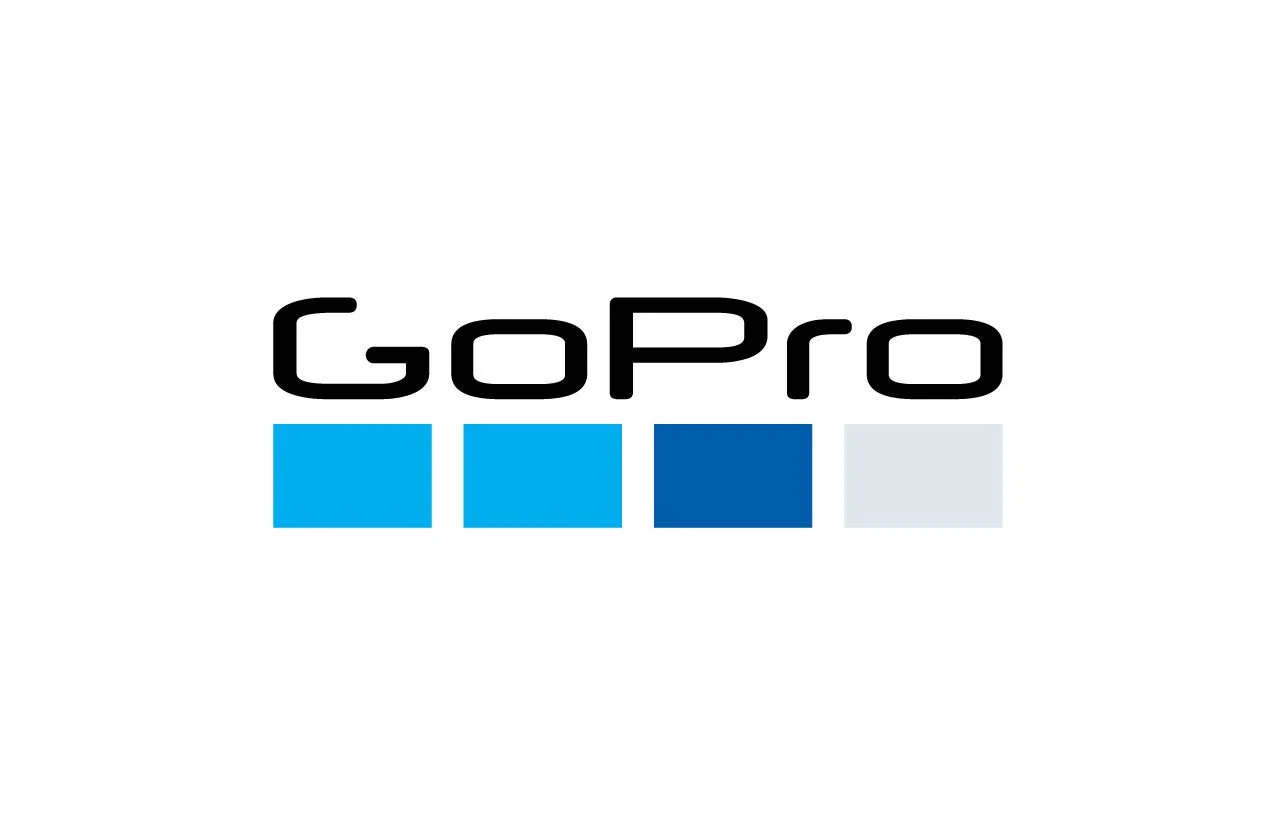 GoPro logo with four blue shades squares beneath the text.