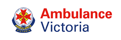 Ambulance Victoria logo with a red and yellow emblem and red and blue text