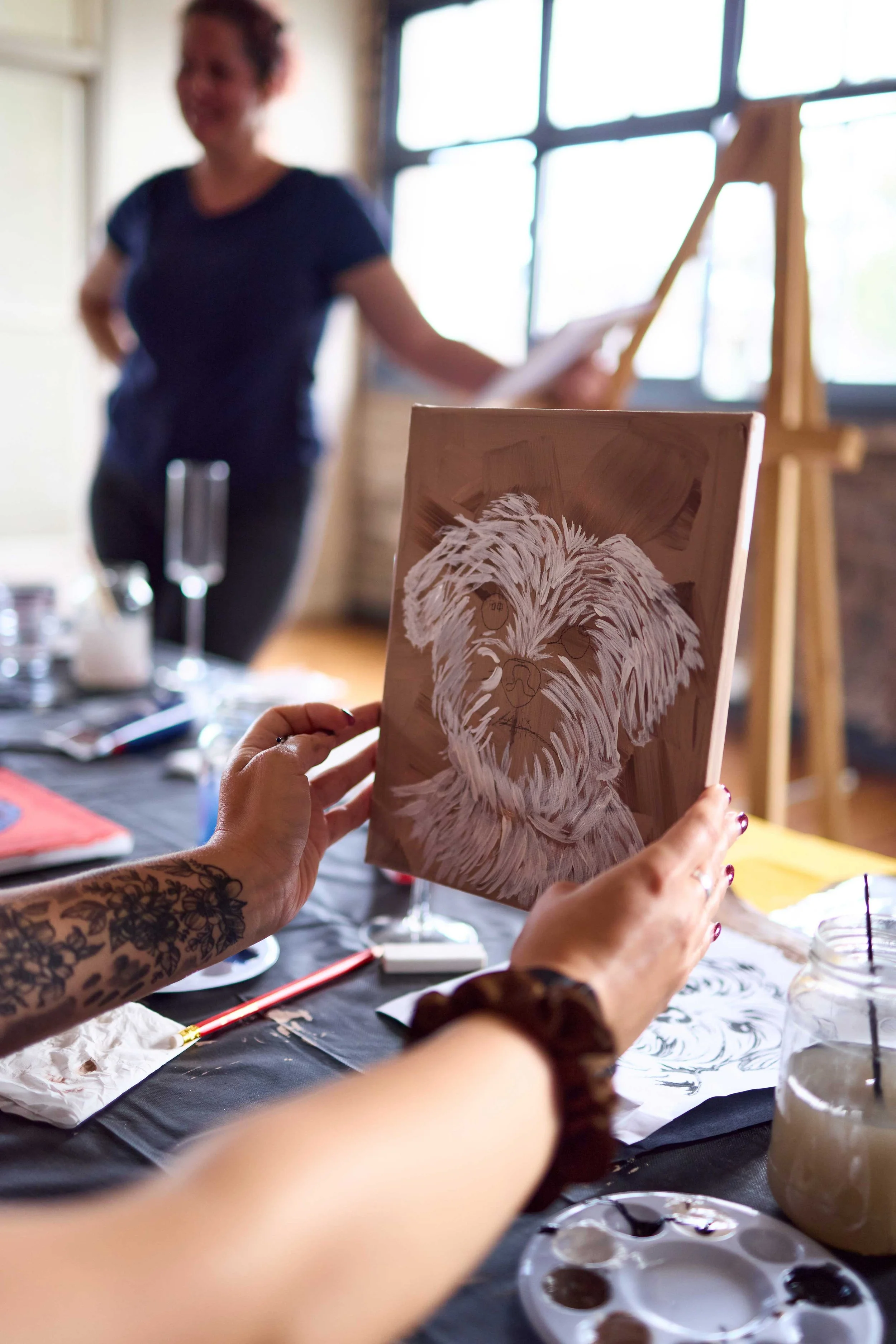 Completed dog portraits painted by participants at the Pup n Paint event at The Dale Studio, Chippendale.